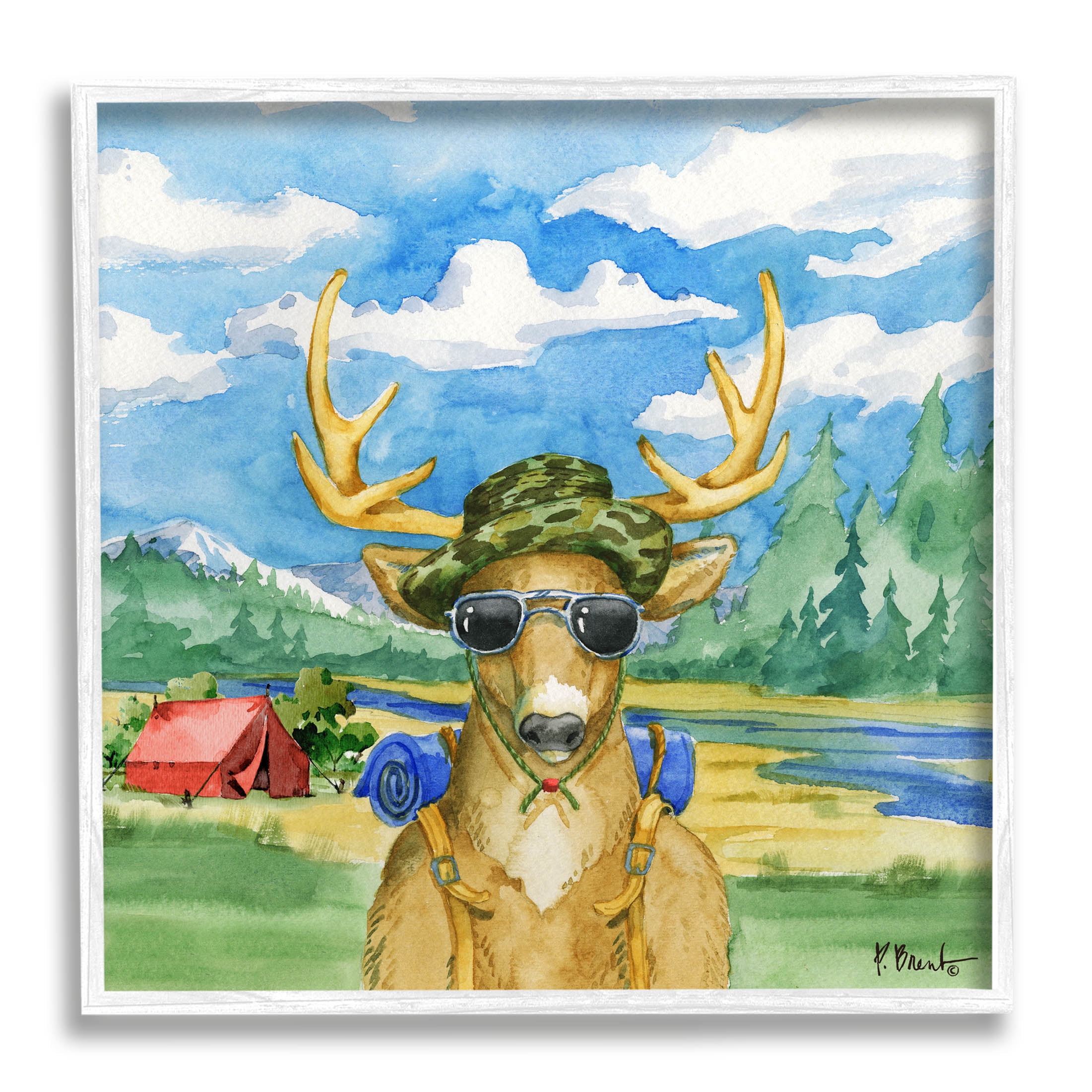 Stupell Industries Happy Camper Deer Forest Hike Painting White Framed Art Print Wall Art, Design by Paul Brent