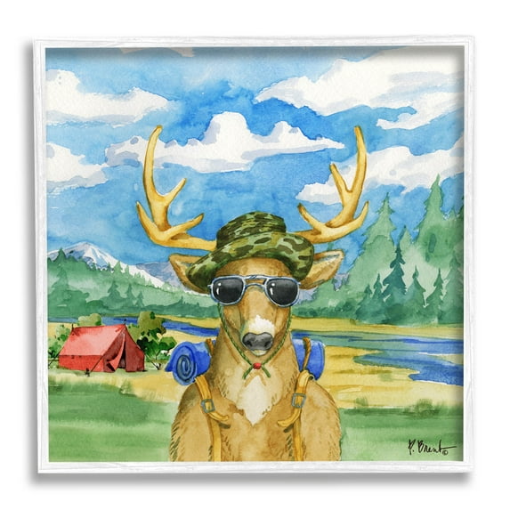 Stupell Industries Happy Camper Deer Forest Hike Painting White Framed Art Print Wall Art, Design by Paul Brent