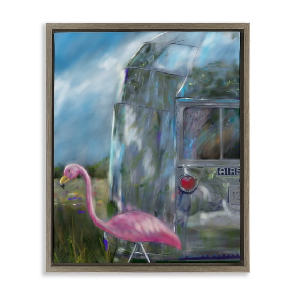 Happy Camper Flamingo Brown Floating Frame Canvas Art, 17 x 21, Made In USA