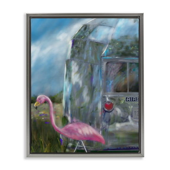 Happy Camper Flamingo Gray Floating Frame Canvas Art, 17 x 21, Made In USA