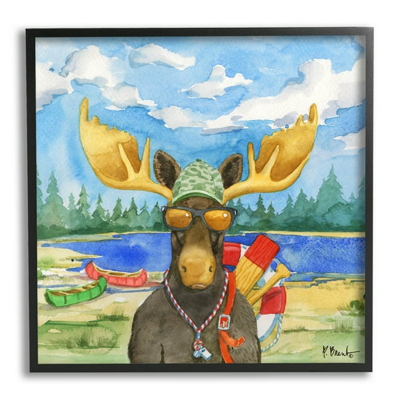 Stupell Industries Happy Camper Life Guard Moose Painting Black Framed Art Print Wall Art, Design by Paul Brent