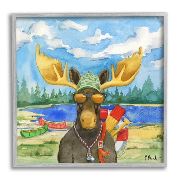 Stupell Industries Happy Camper Life Guard Moose Painting Gray Framed Art Print Wall Art, Design by Paul Brent