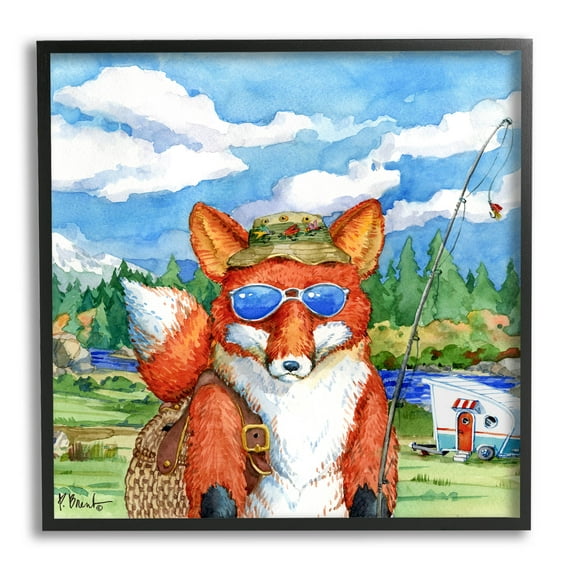 Stupell Industries Happy Camper Red Fox Fisherman Painting Black Framed Art Print Wall Art, Design by Paul Brent