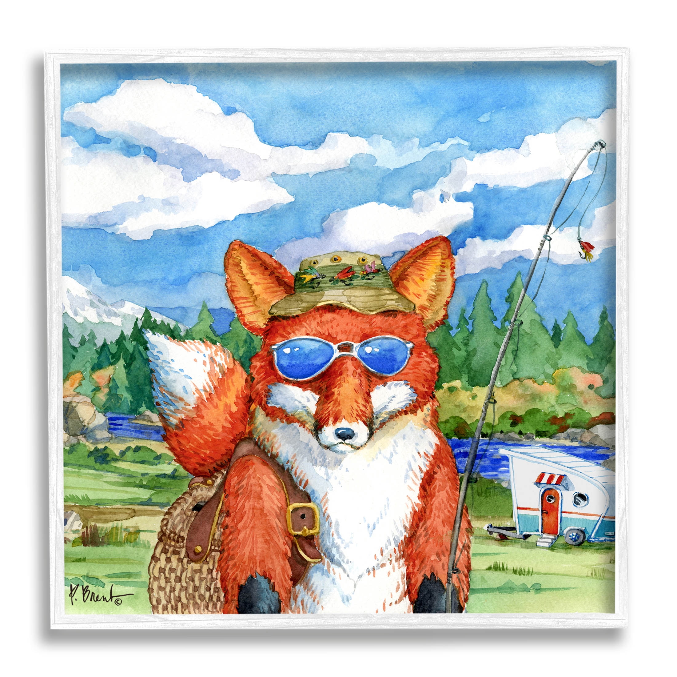 Stupell Industries Happy Camper Red Fox Fisherman Painting White Framed Art Print Wall Art, Design by Paul Brent