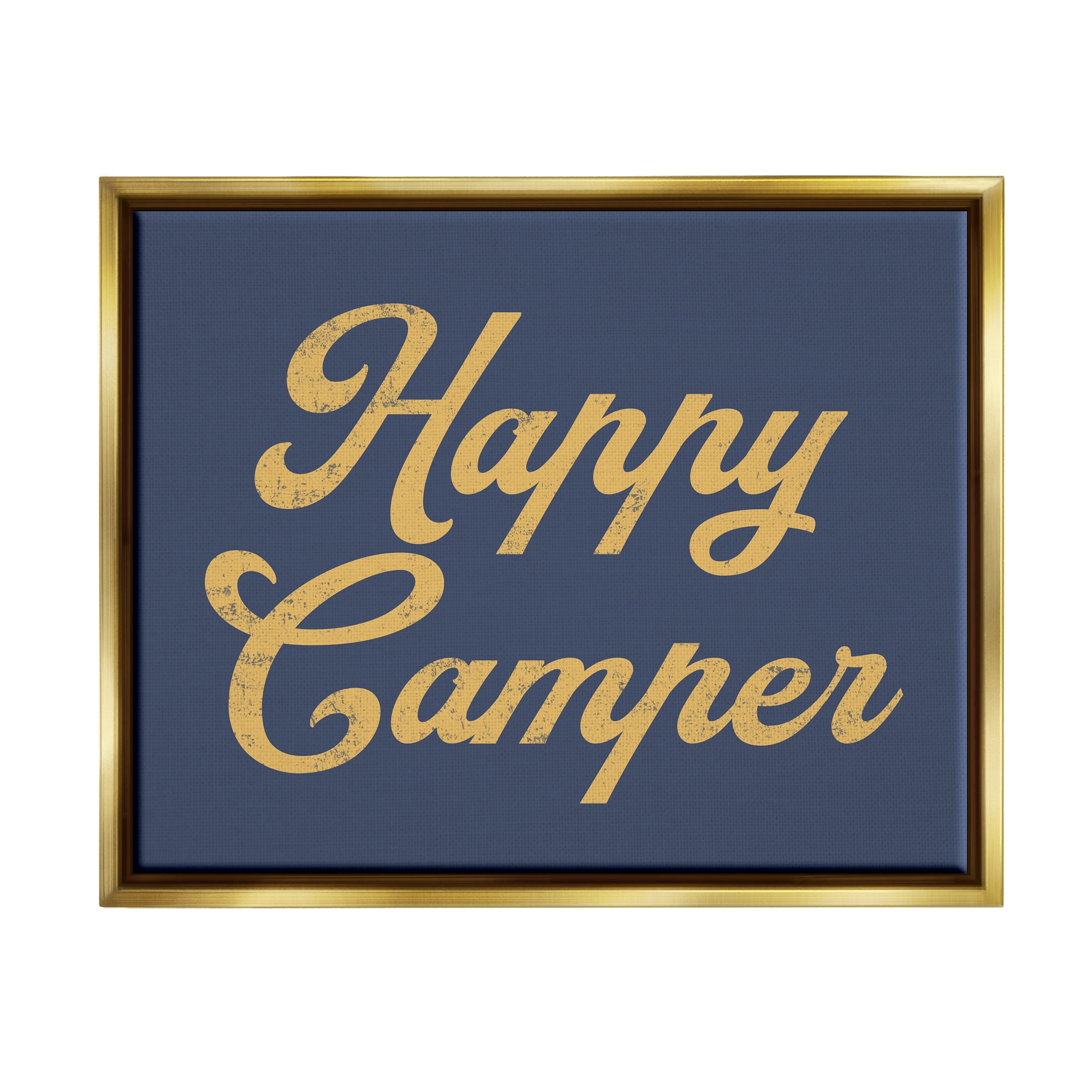 Stupell Industries Happy Camper Vintage Script Phrase Yellow Accent Metallic Gold Framed Floating Canvas Wall Art, 16x20, by Lil' Rue