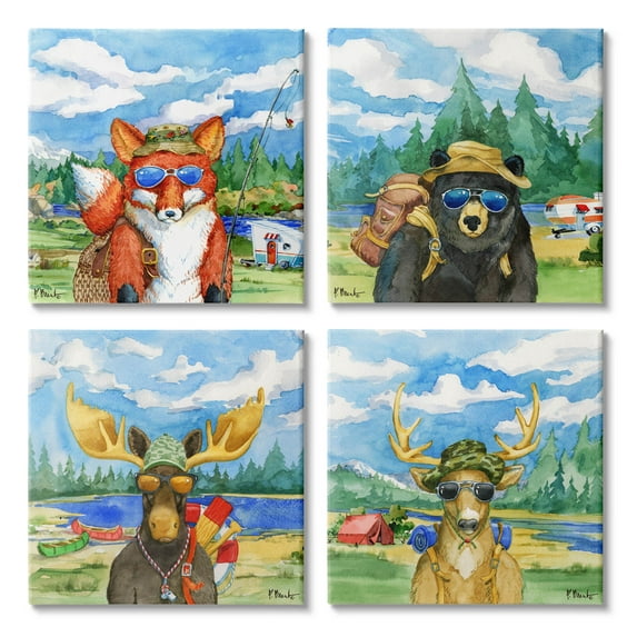 Stupell Industries Happy Camper Woodland Animals Painting Gallery Wrapped Canvas Print Wall Art, Set of 4, Design by Paul Brent