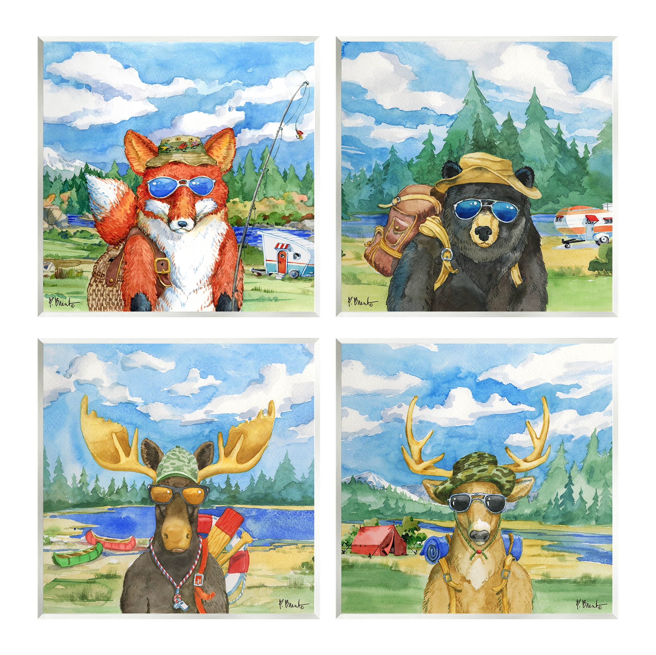 Stupell Industries Happy Camper Woodland Animals Painting Unframed Art Print Wall Art, Set of 4, Design by Paul Brent