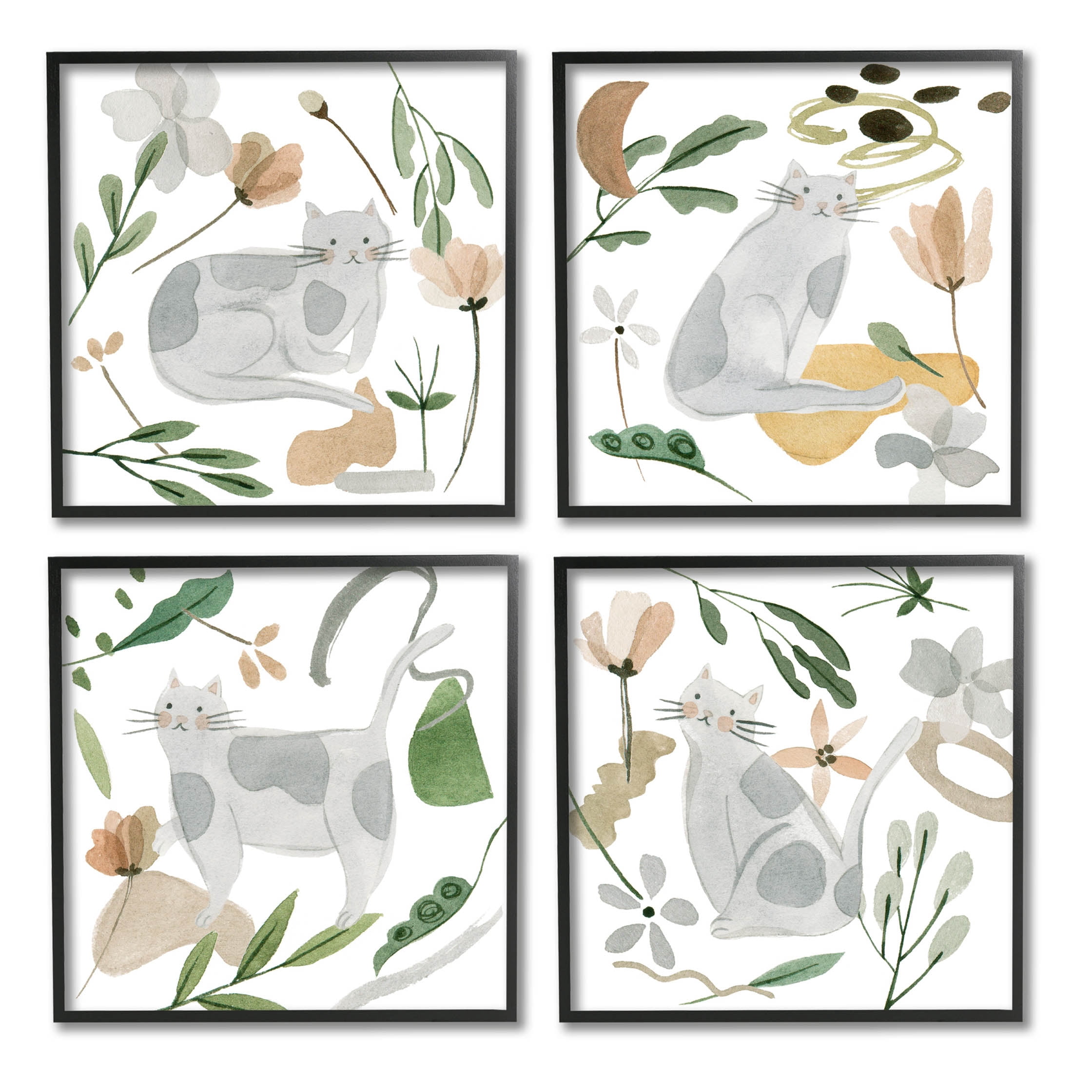 Stupell Industries Happy Cat Botanical Collage Graphic Art Black Framed Art Print Wall Art, Set of 4, Design by Melissa Wang