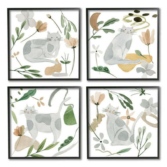 Stupell Industries Happy Cat Botanical Collage Graphic Art Black Framed Art Print Wall Art, Set of 4, Design by Melissa Wang