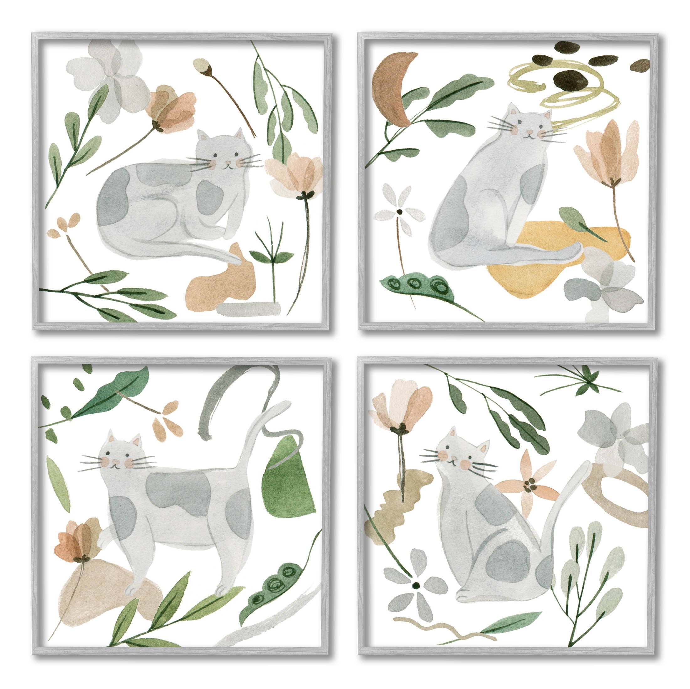 Stupell Industries Happy Cat Botanical Collage Graphic Art Gray Framed Art Print Wall Art, Set of 4, Design by Melissa Wang