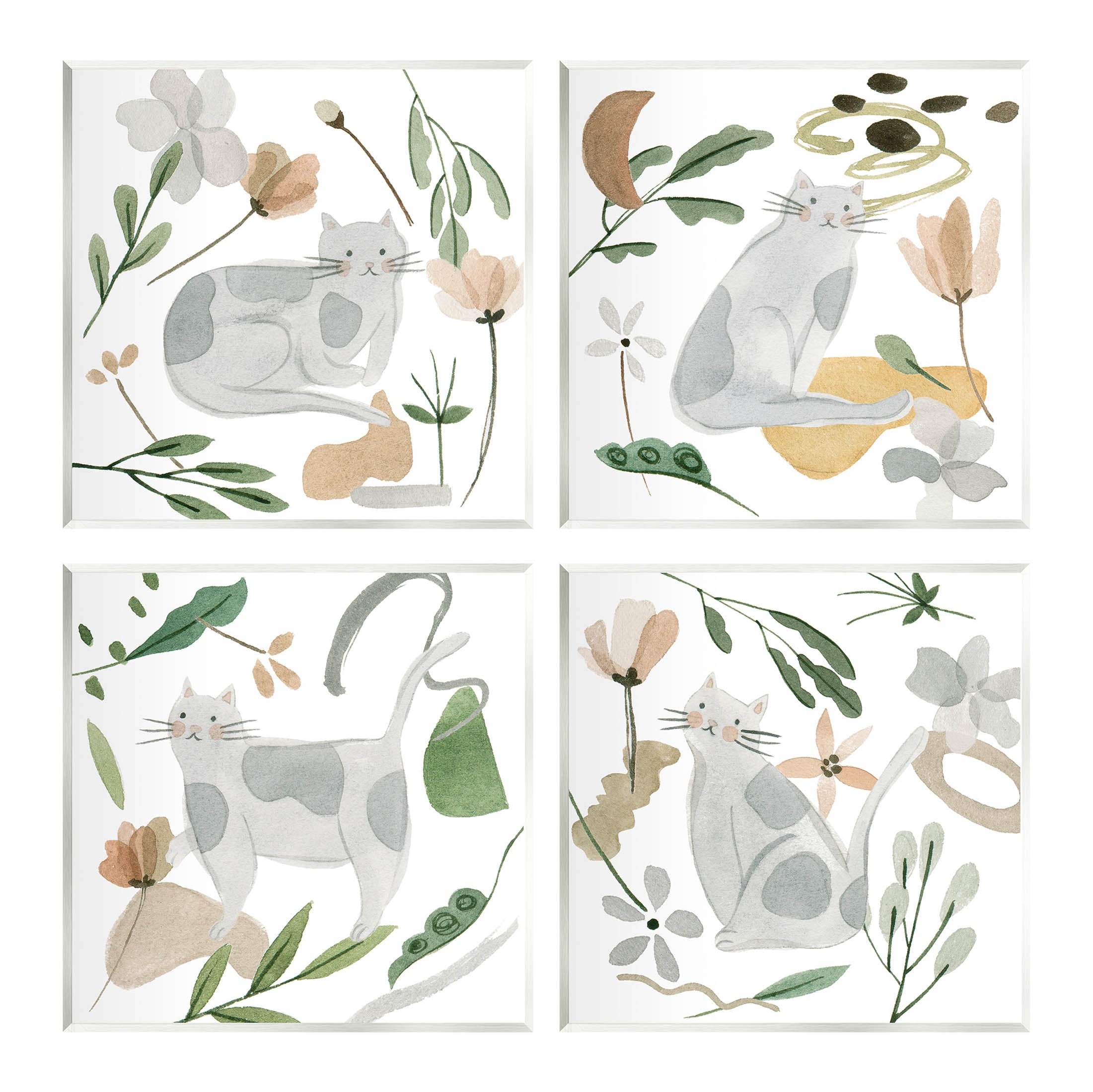 Stupell Industries Happy Cat Botanical Collage Graphic Art Unframed Art Print Wall Art, Set of 4, Design by Melissa Wang