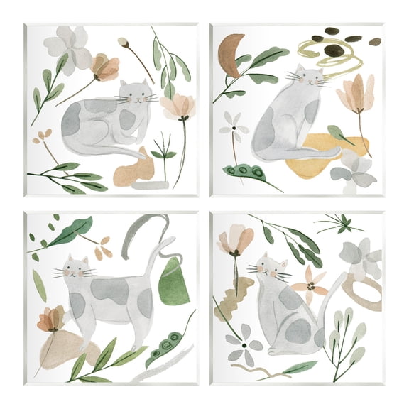 Stupell Industries Happy Cat Botanical Collage Graphic Art Unframed Art Print Wall Art, Set of 4, Design by Melissa Wang