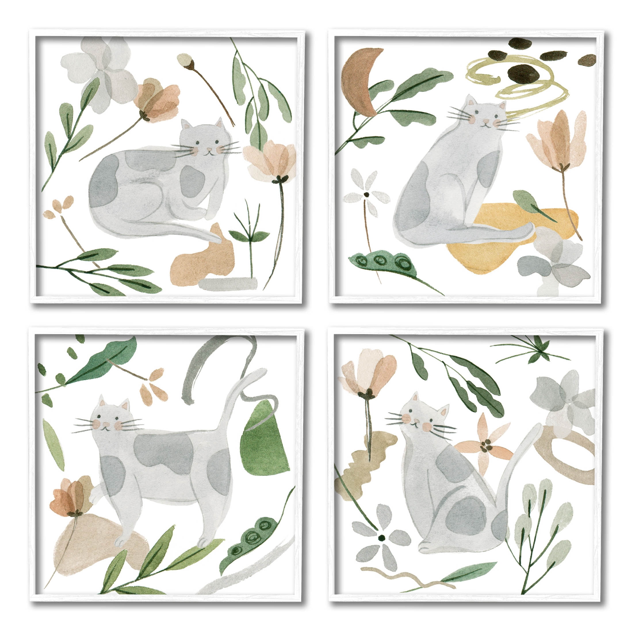 Stupell Industries Happy Cat Botanical Collage Graphic Art White Framed Art Print Wall Art, Set of 4, Design by Melissa Wang