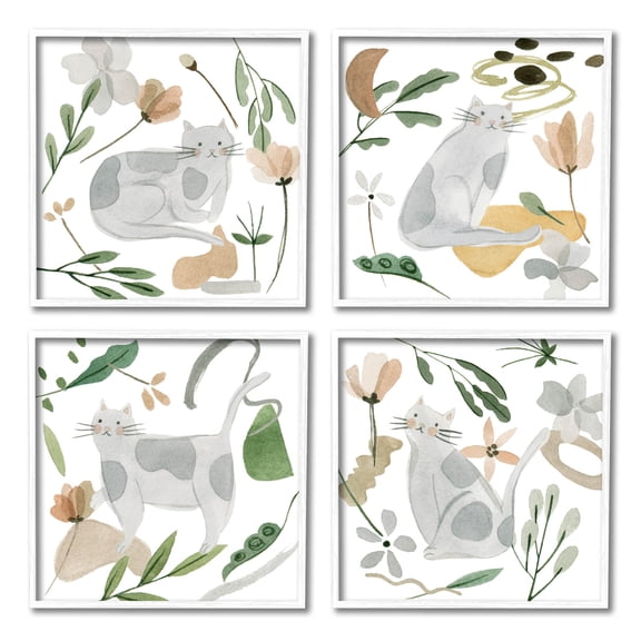 Stupell Industries Happy Cat Botanical Collage Graphic Art White Framed Art Print Wall Art, Set of 4, Design by Melissa Wang
