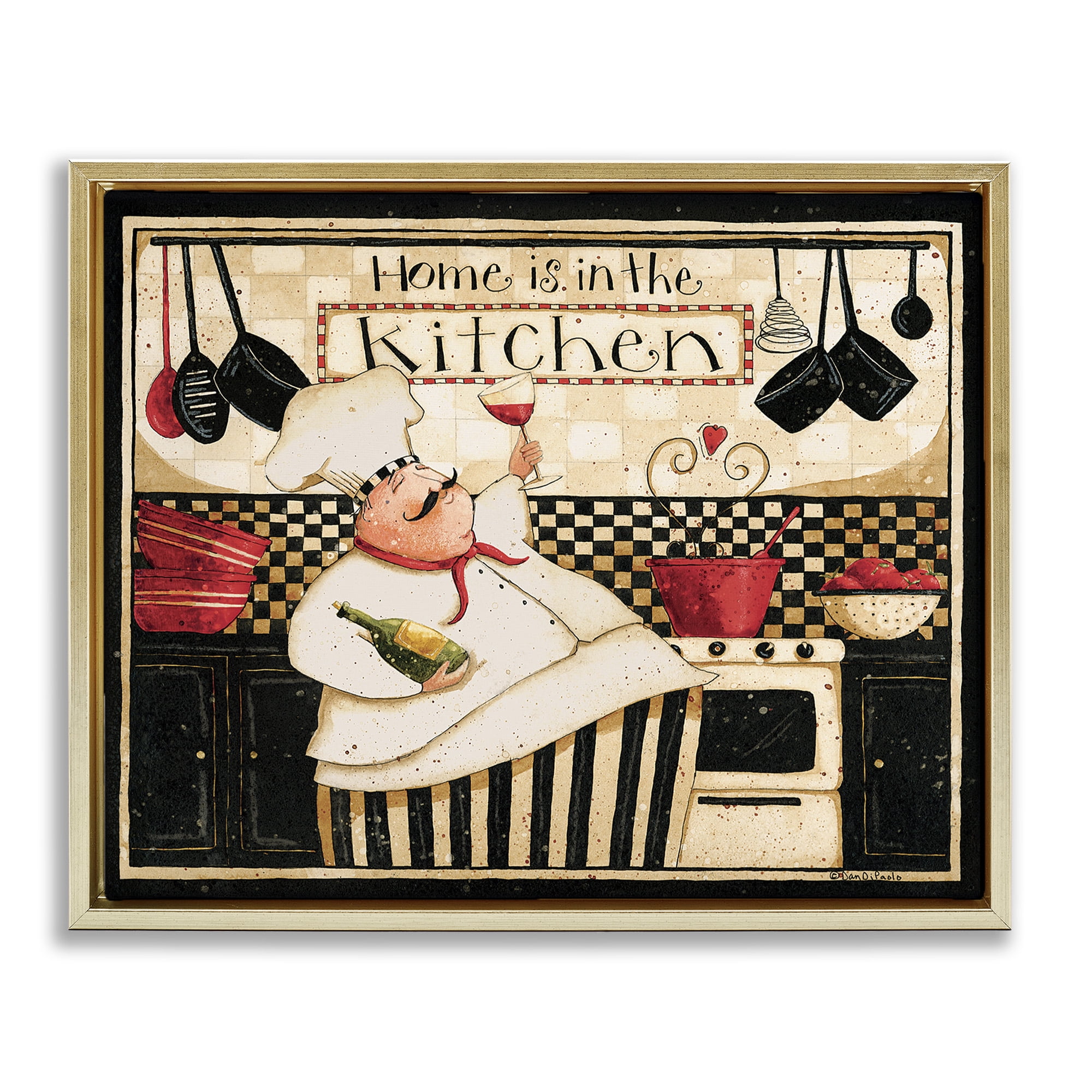 Stupell Industries Happy Chef Kitchen Phrase Food & Beverage Painting Gold Floater Framed Canvas Art Print Wall Art, 31 x 25