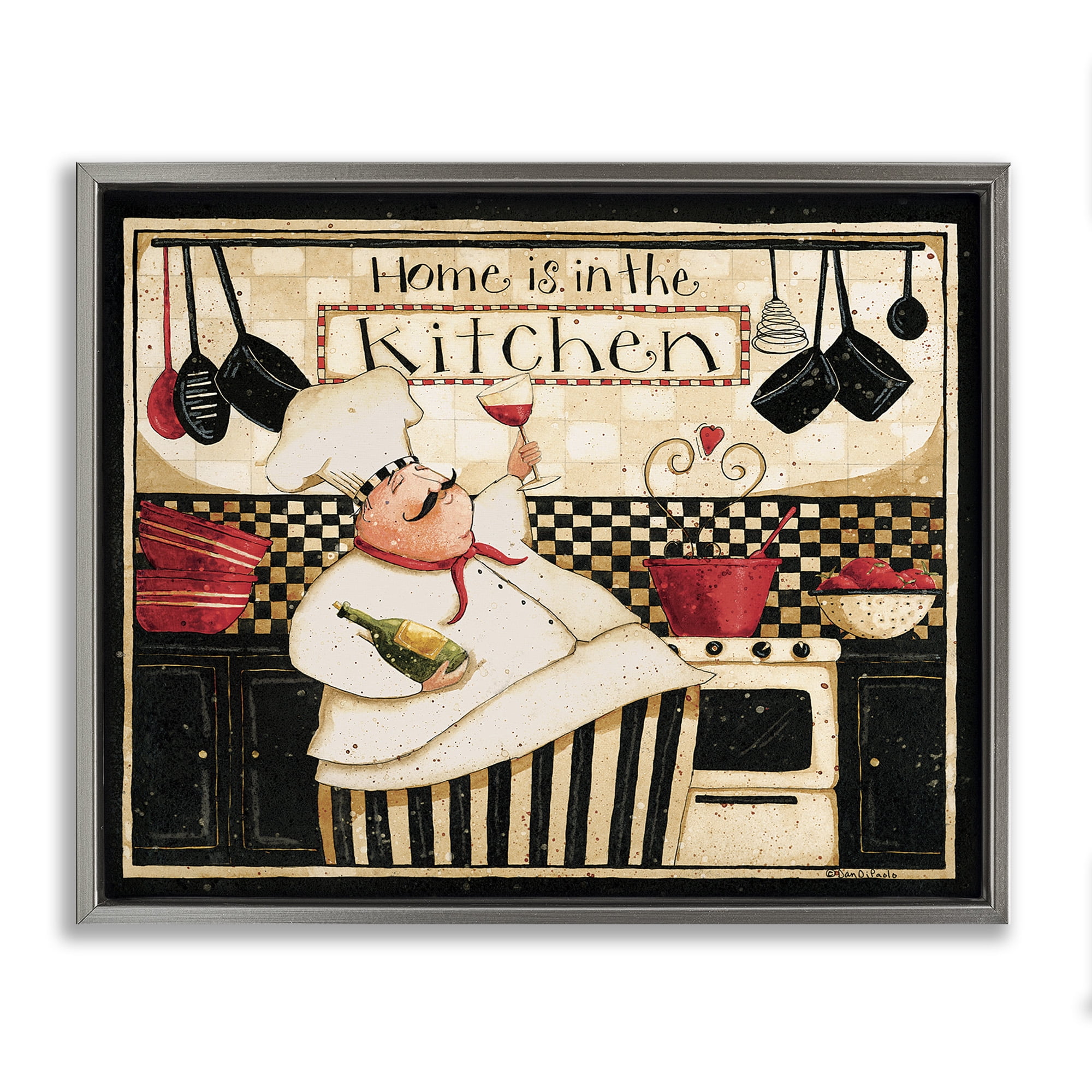 Stupell Industries Happy Chef Kitchen Phrase Food & Beverage Painting Gray Floater Framed Canvas Art Print Wall Art, 31 x 25