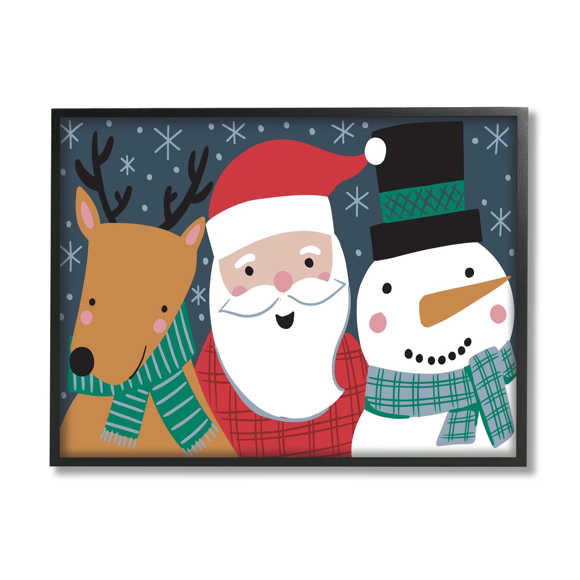 Stupell Industries Happy Christmas Trio Santa Reindeer Snowman Winter Holiday Painting Black Framed Art Print Wall Art, 24 x 30