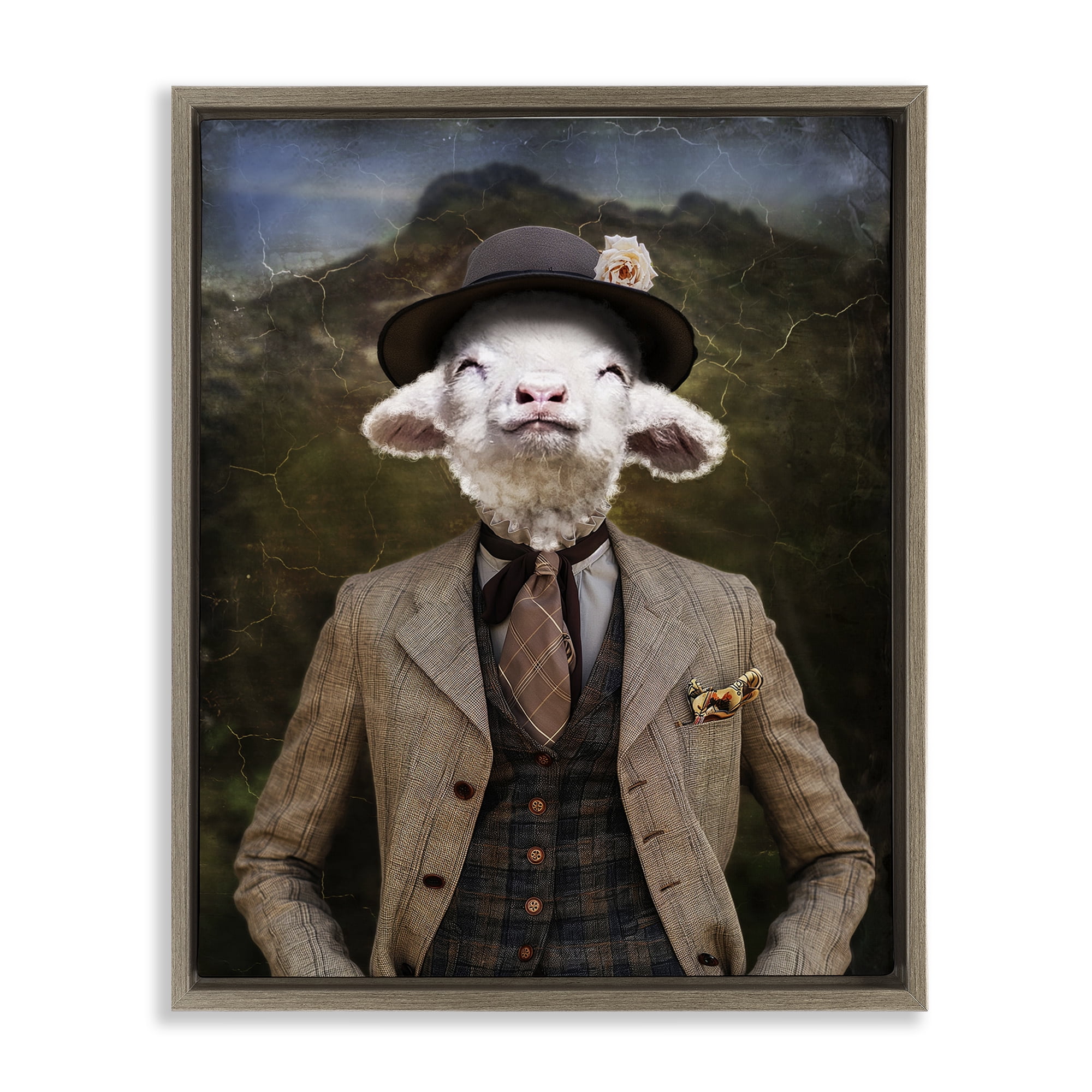 Stupell Industries Happy Classic Lamb Animals & Insects Painting Brown Floater Framed Canvas Art Print Wall Art, 17 x 21