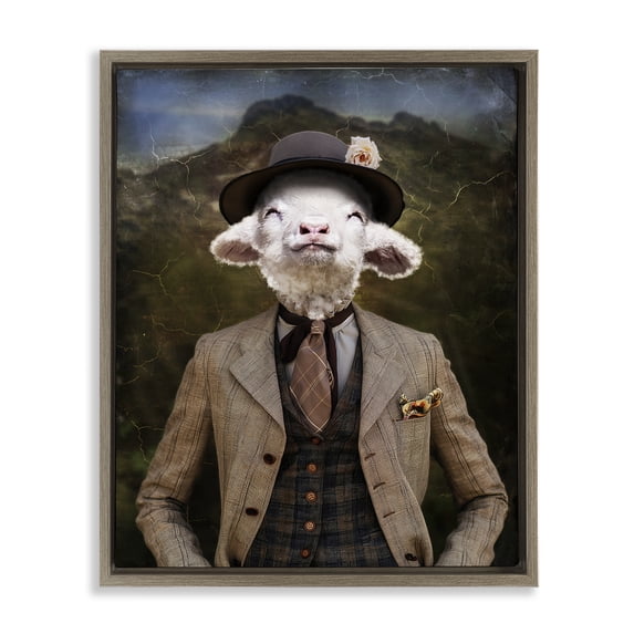 Stupell Industries Happy Classic Lamb Animals & Insects Painting Brown Floater Framed Canvas Art Print Wall Art, 17 x 21