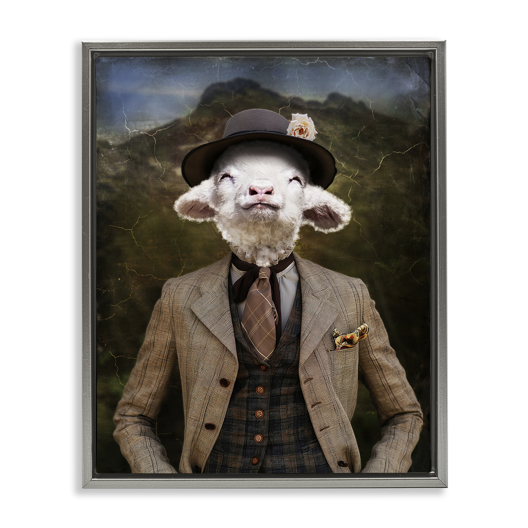 Stupell Industries Happy Classic Lamb Animals & Insects Painting Gray Floater Framed Canvas Art Print Wall Art, 17 x 21