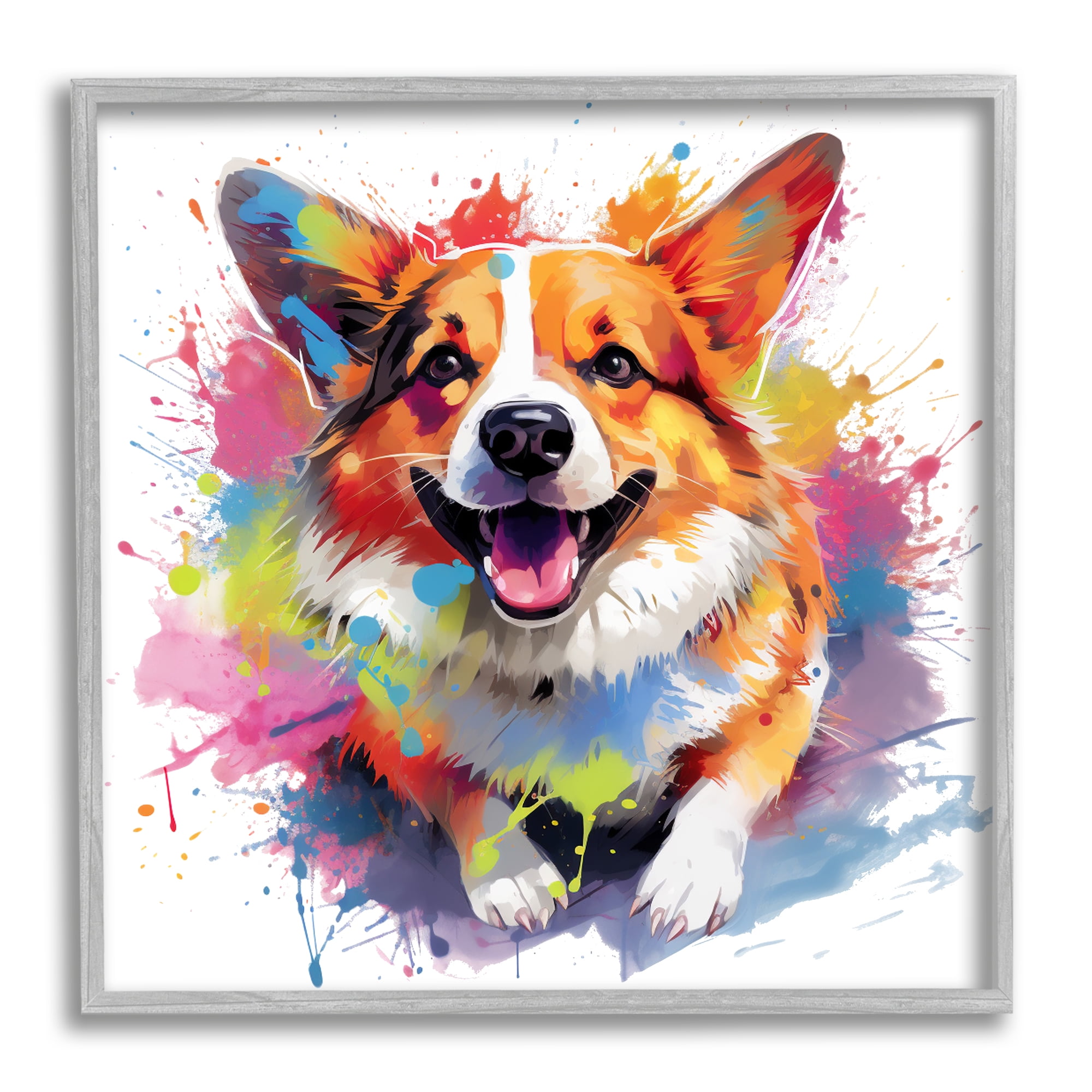 Stupell Industries Happy Corgi Modern Splatter Animals & Insects Painting Gray Framed Art Print Wall Art, 24 x 24