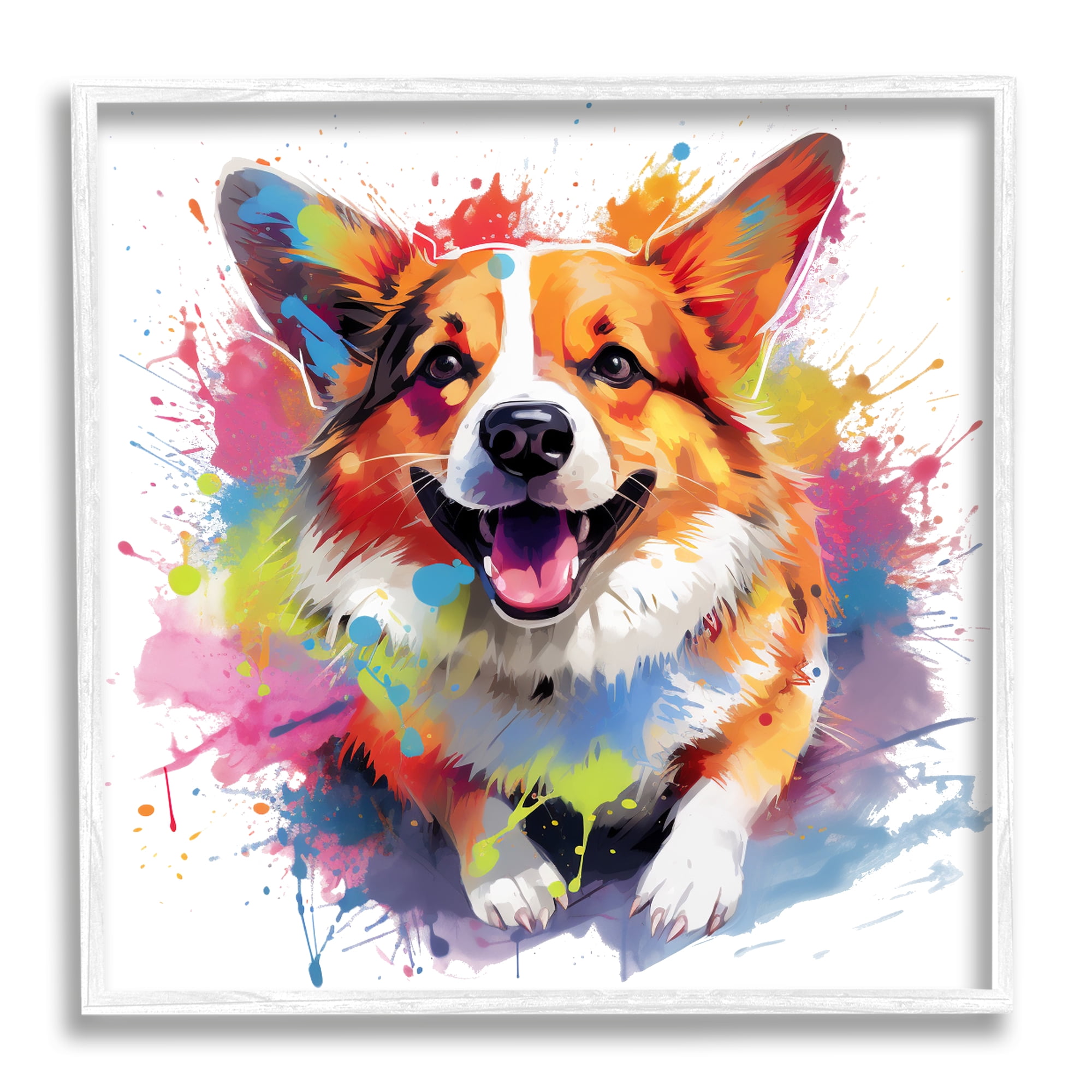 Stupell Industries Happy Corgi Modern Splatter Animals & Insects Painting White Framed Art Print Wall Art, 24 x 24