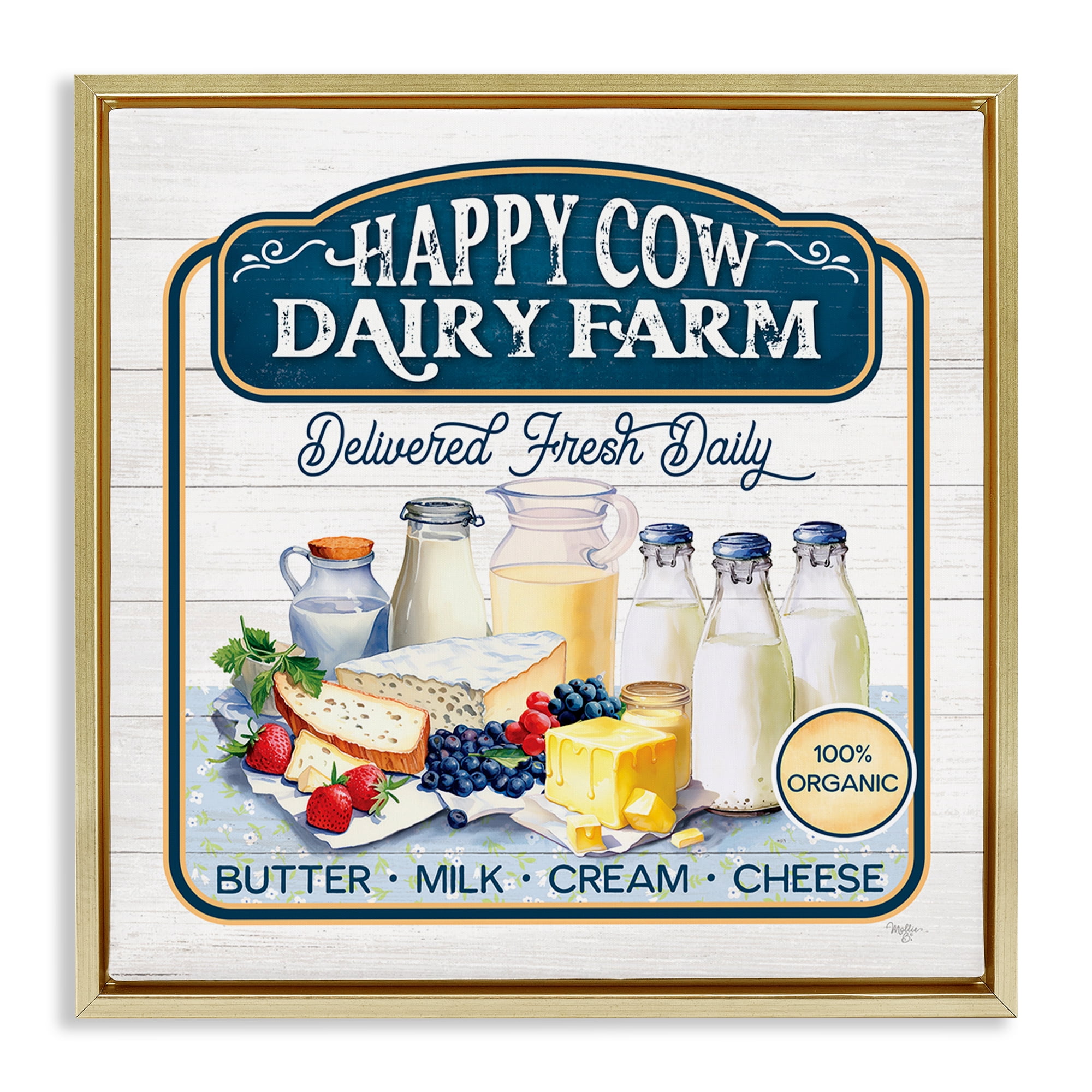 Stupell Industries Happy Cow Farm Food & Beverage Painting Gold Floater Framed Canvas Art Print Wall Art, 25 x 25