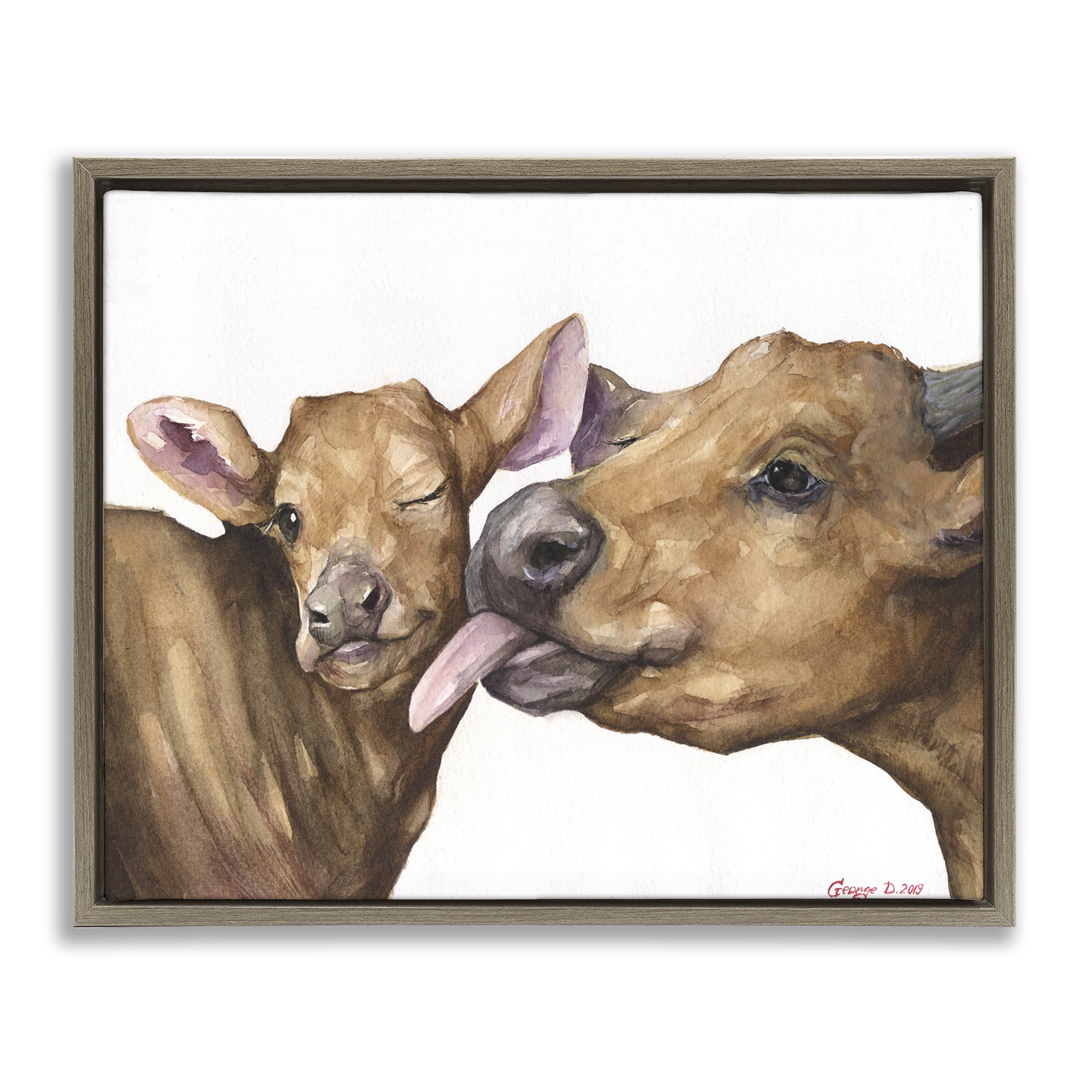 Stupell Industries Happy Cow Mother & Calf Animals & Insects Painting Brown Floater Framed Canvas Art Print Wall Art, 21 x 17