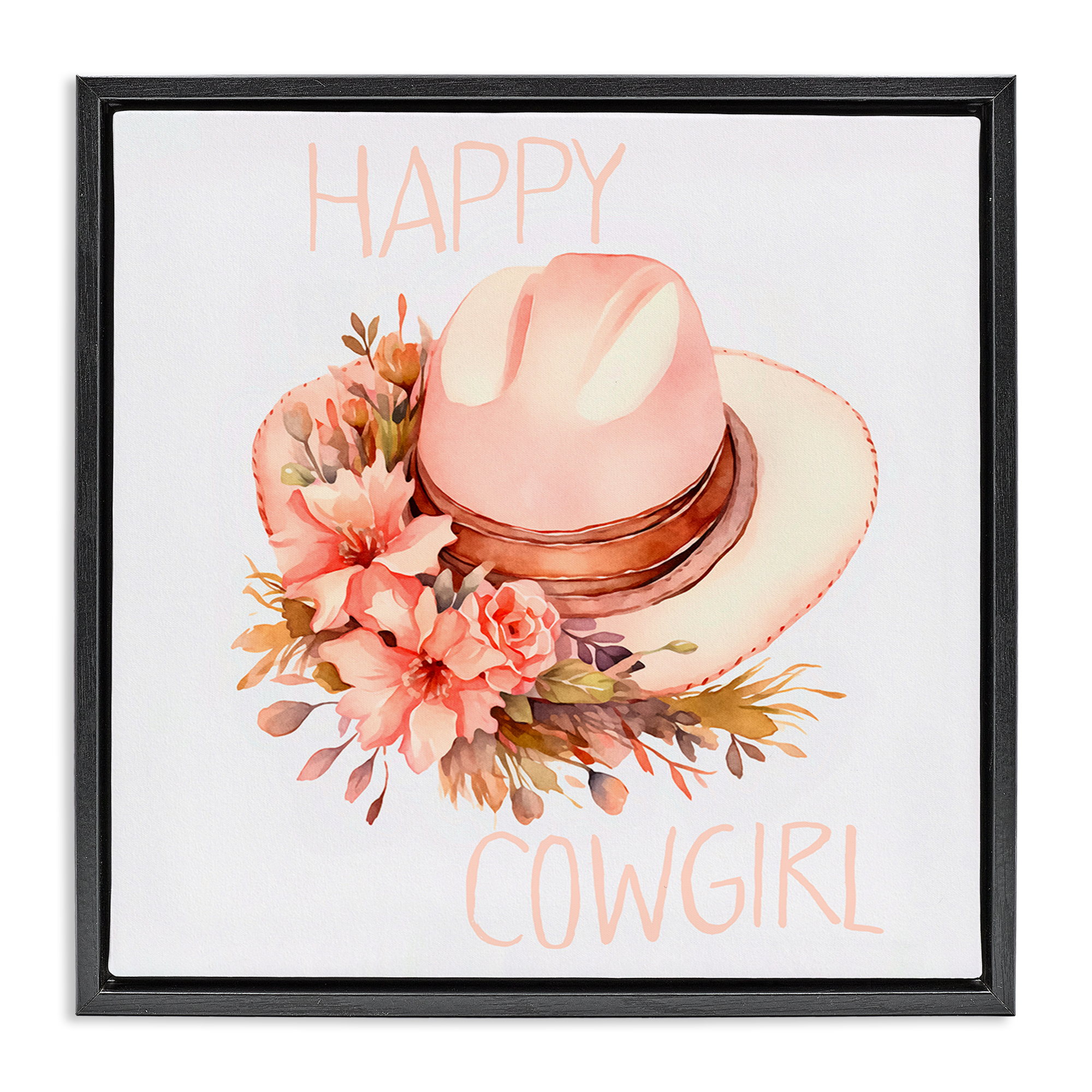 Stupell Industries Happy Cowgirl Floral Hat Plants & Flowers Painting Black Floater Framed Canvas Art Print Wall Art, 18 x 18