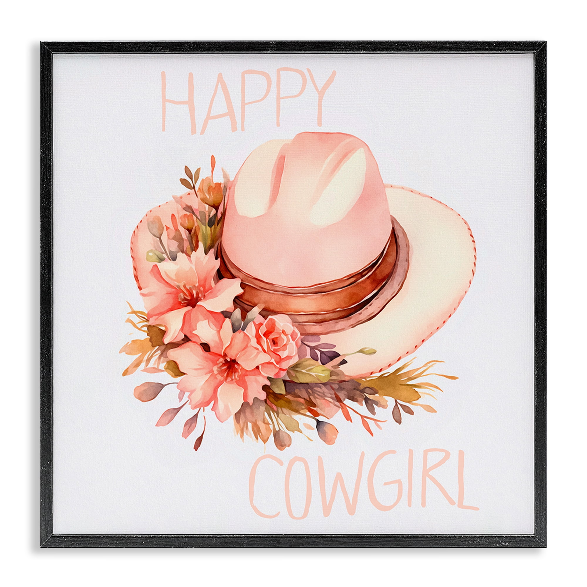 Stupell Industries Happy Cowgirl Floral Hat Plants & Flowers Painting Black Framed Art Print Wall Art, 17 x 17