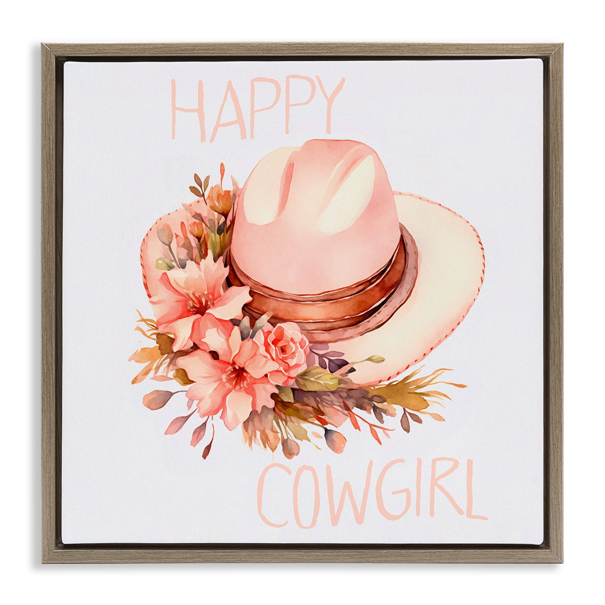 Stupell Industries Happy Cowgirl Floral Hat Plants & Flowers Painting Brown Floater Framed Canvas Art Print Wall Art, 18 x 18