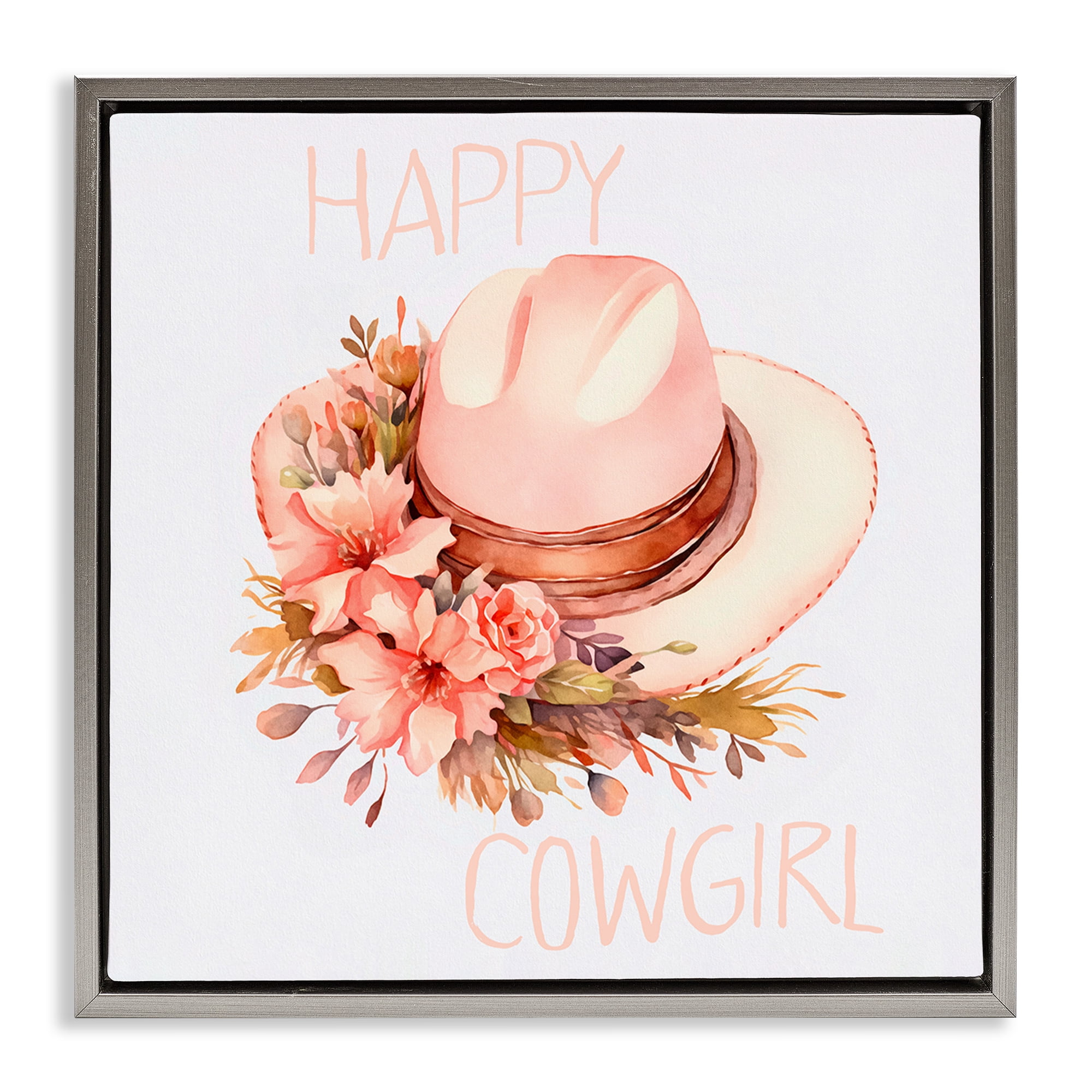 Stupell Industries Happy Cowgirl Floral Hat Plants & Flowers Painting Gray Floater Framed Canvas Art Print Wall Art, 25 x 25