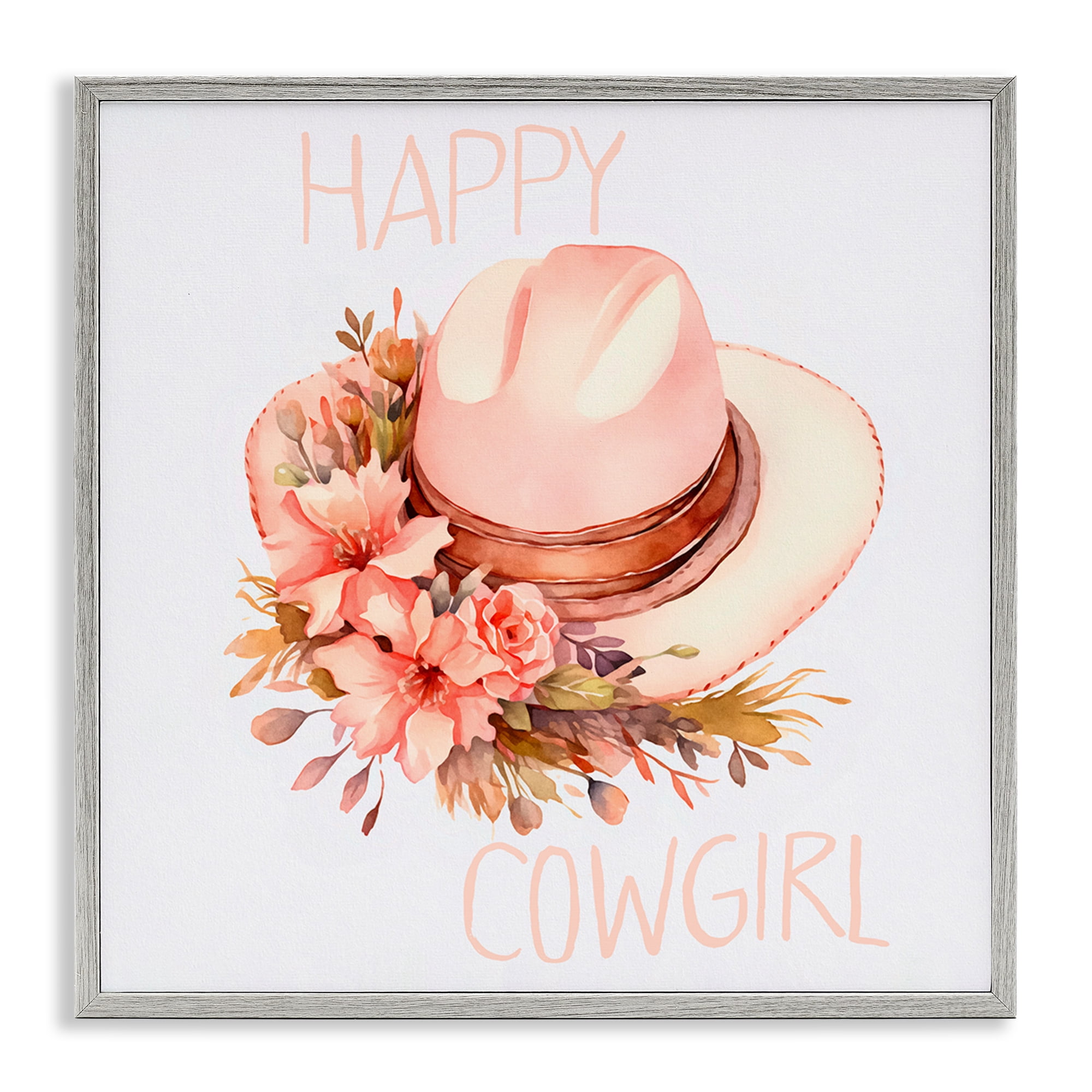 Stupell Industries Happy Cowgirl Floral Hat Plants & Flowers Painting Gray Framed Art Print Wall Art, 24 x 24