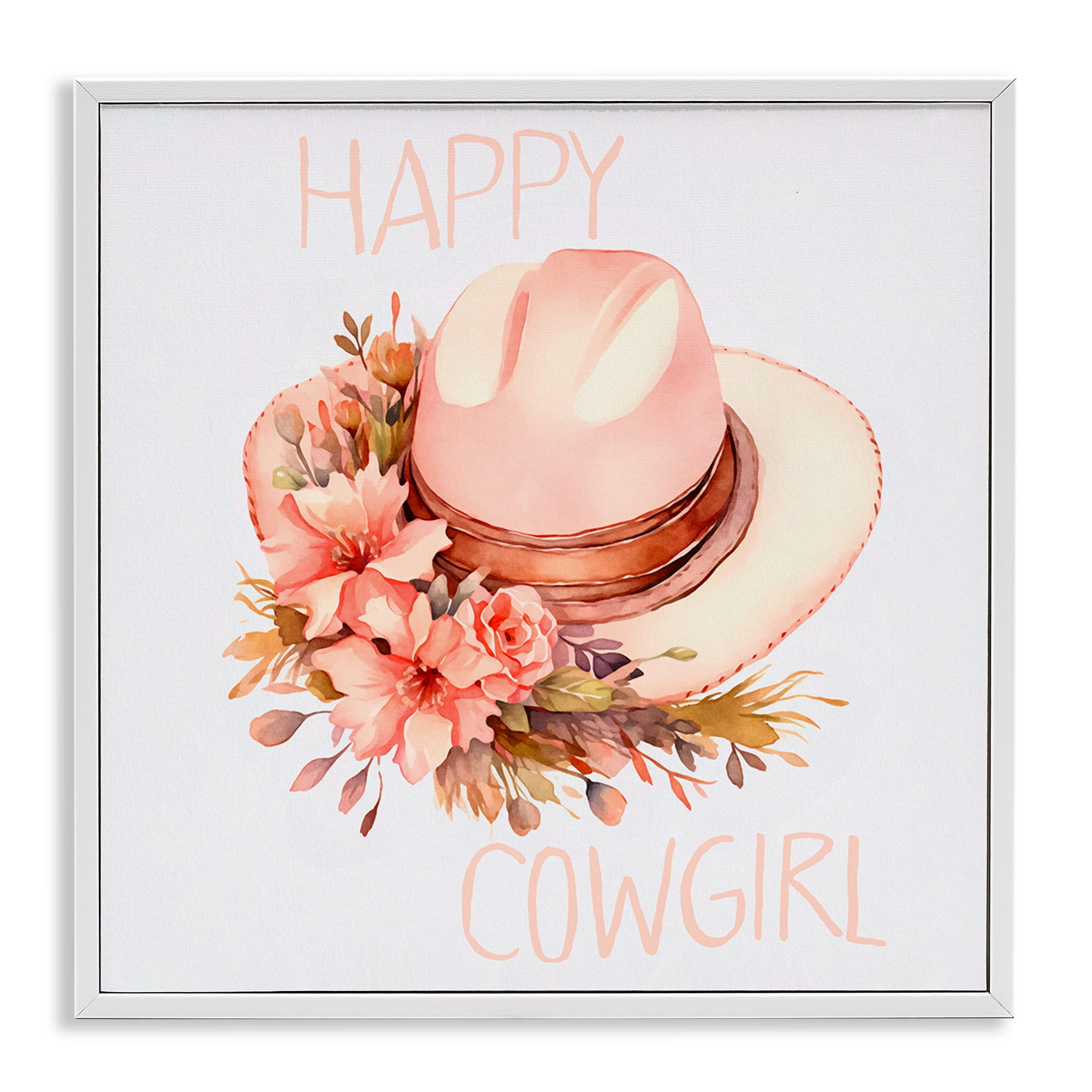 Stupell Industries Happy Cowgirl Floral Hat Plants & Flowers Painting White Framed Art Print Wall Art, 12 x 12