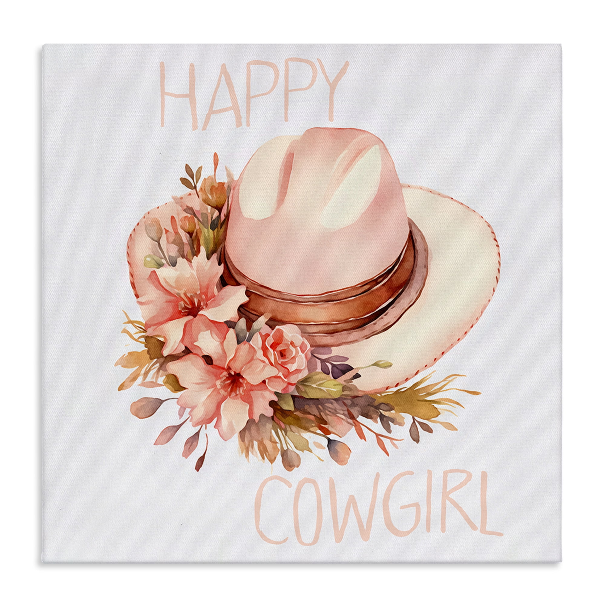 Stupell Industries Happy Cowgirl Floral Hat Plants & Flowers Painting Wrapped Canvas Art Print Wall Art, 24 x 24