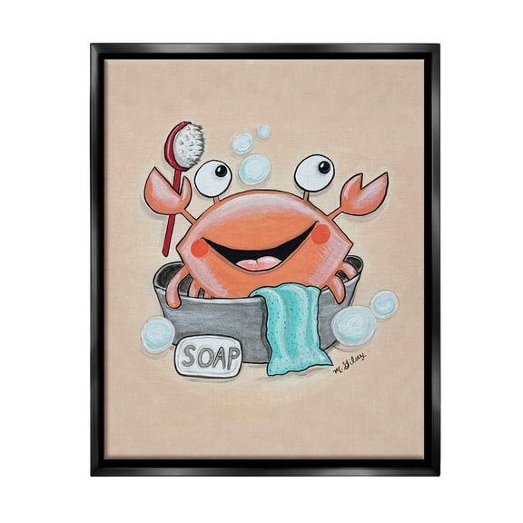 Stupell Industries Happy Crab Bathing Animals & Insects Painting Black Floater Framed Canvas Art Print Wall Art, 17 x 21