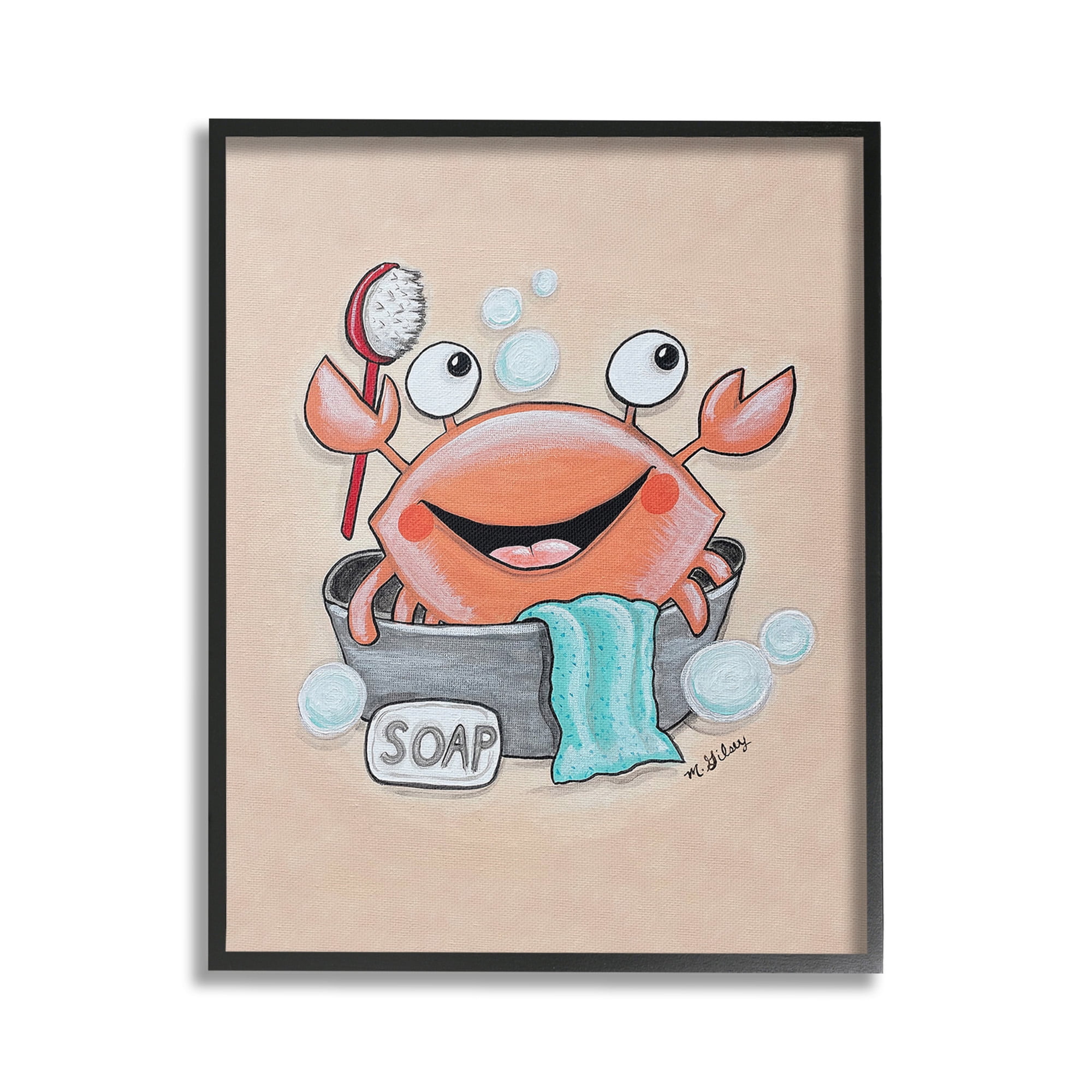 Stupell Industries Happy Crab Bathing Animals & Insects Painting Black Framed Art Print Wall Art, 24 x 30