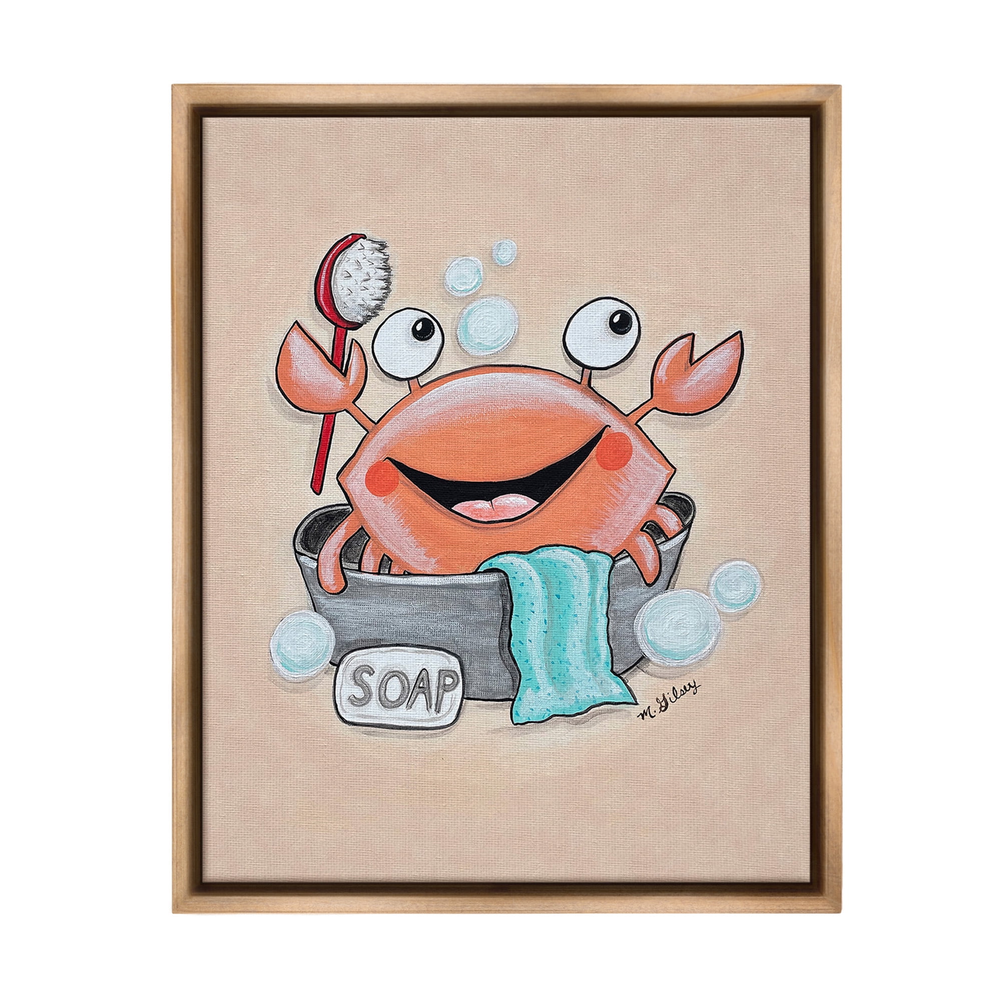 Stupell Industries Happy Crab Bathing Animals & Insects Painting Brown Floater Framed Canvas Art Print Wall Art, 17 x 21
