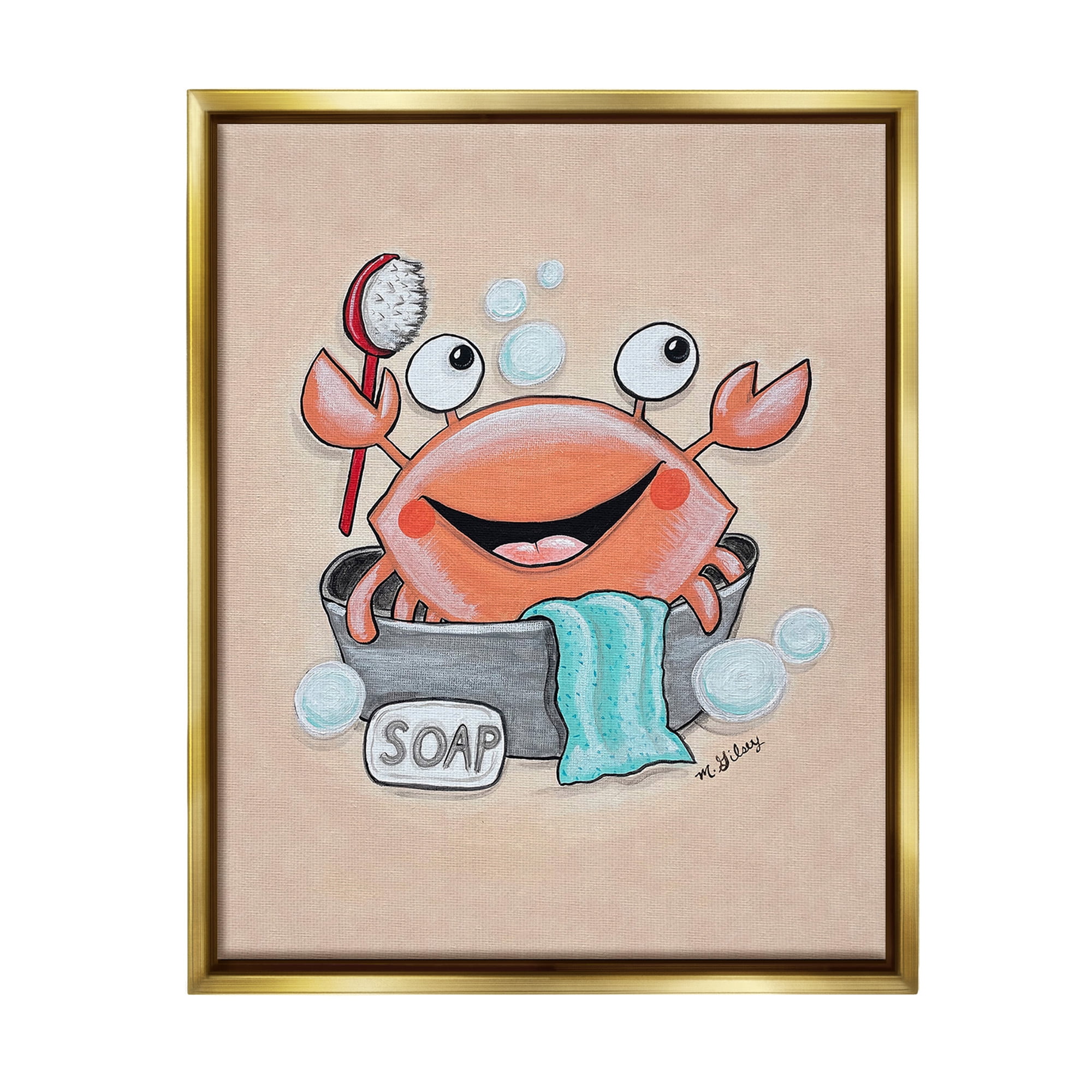 Stupell Industries Happy Crab Bathing Animals & Insects Painting Gold Floater Framed Canvas Art Print Wall Art, 25 x 31