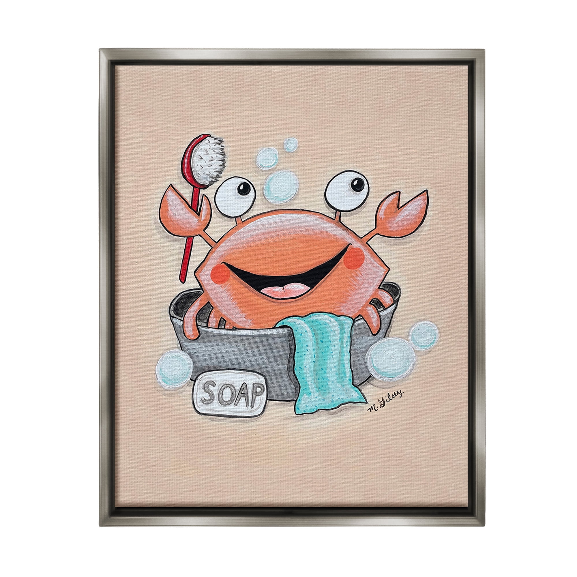 Stupell Industries Happy Crab Bathing Animals & Insects Painting Gray Floater Framed Canvas Art Print Wall Art, 25 x 31