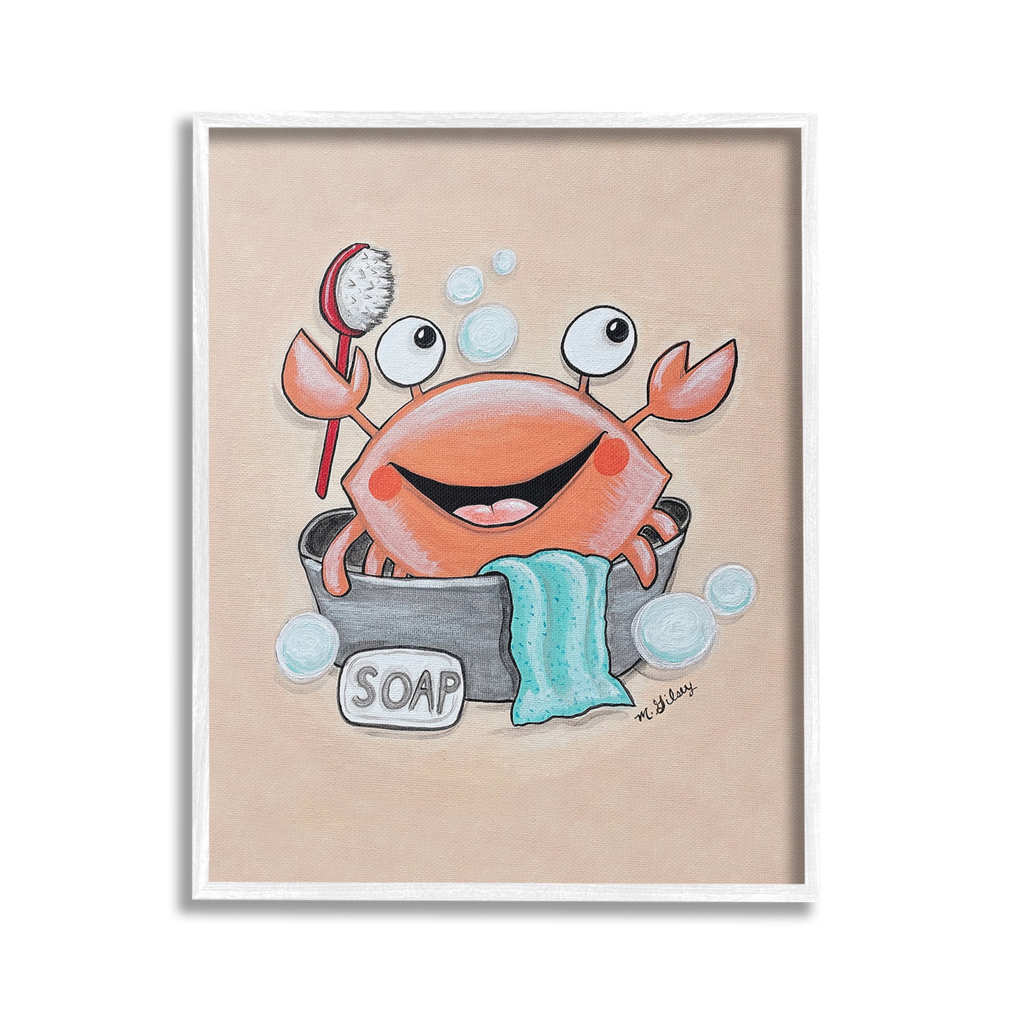 Stupell Industries Happy Crab Bathing Animals & Insects Painting White Framed Art Print Wall Art, 16 x 20