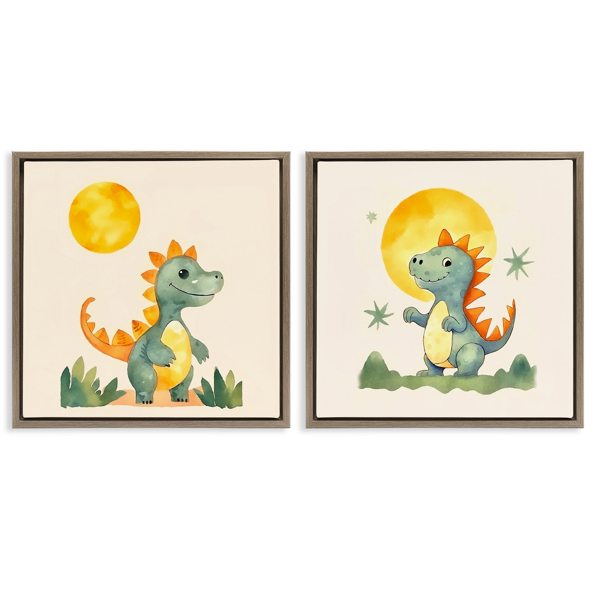 Stupell Industries Happy Dinos & Moon Animals Painting Brown Floater Framed Canvas Art Print Wall Art, 18 x 18, Set of 2