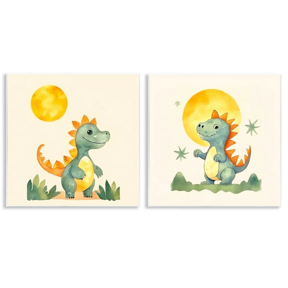 Stupell Industries Happy Dinos & Moon Animals Painting Unframed Art Print Wall Art, 12 x 12, Set of 2