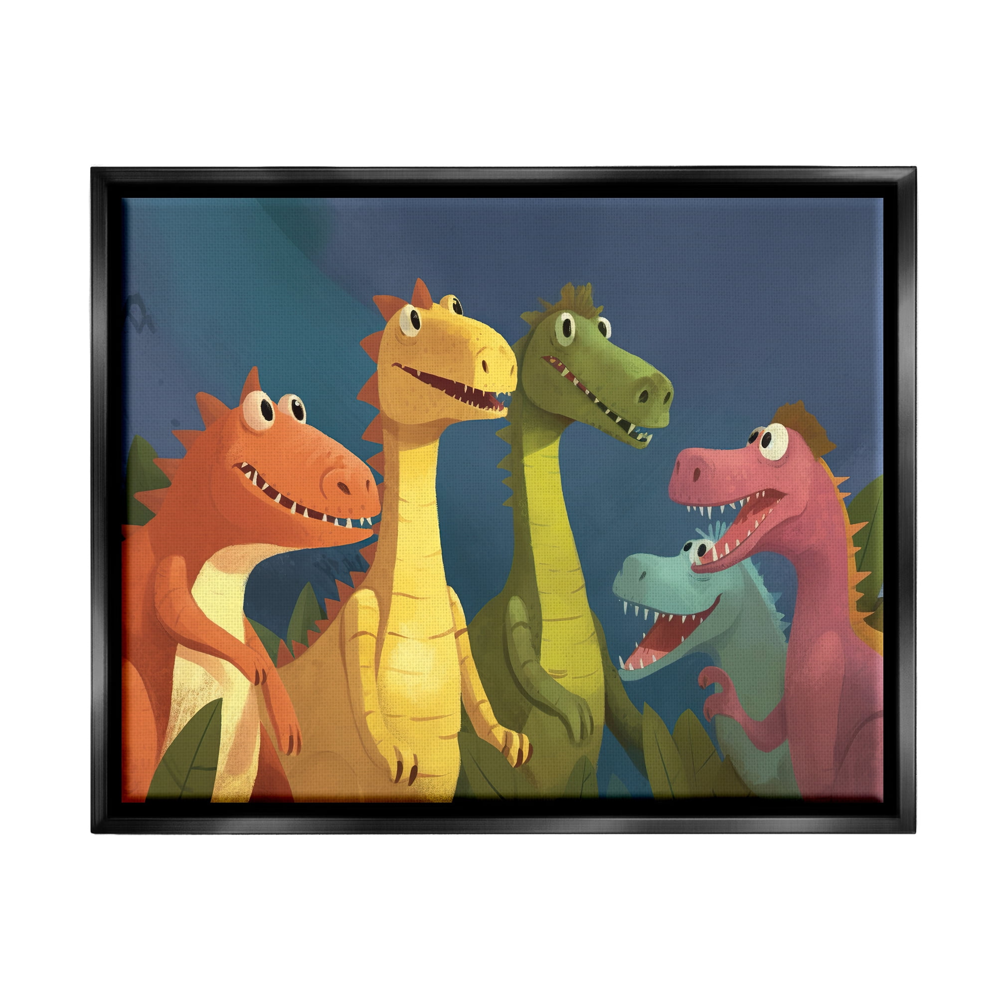Stupell Industries Happy Dinosaur Friends Animals & Insects Painting Black Floater Framed Art Print Wall Art, 21 x 17