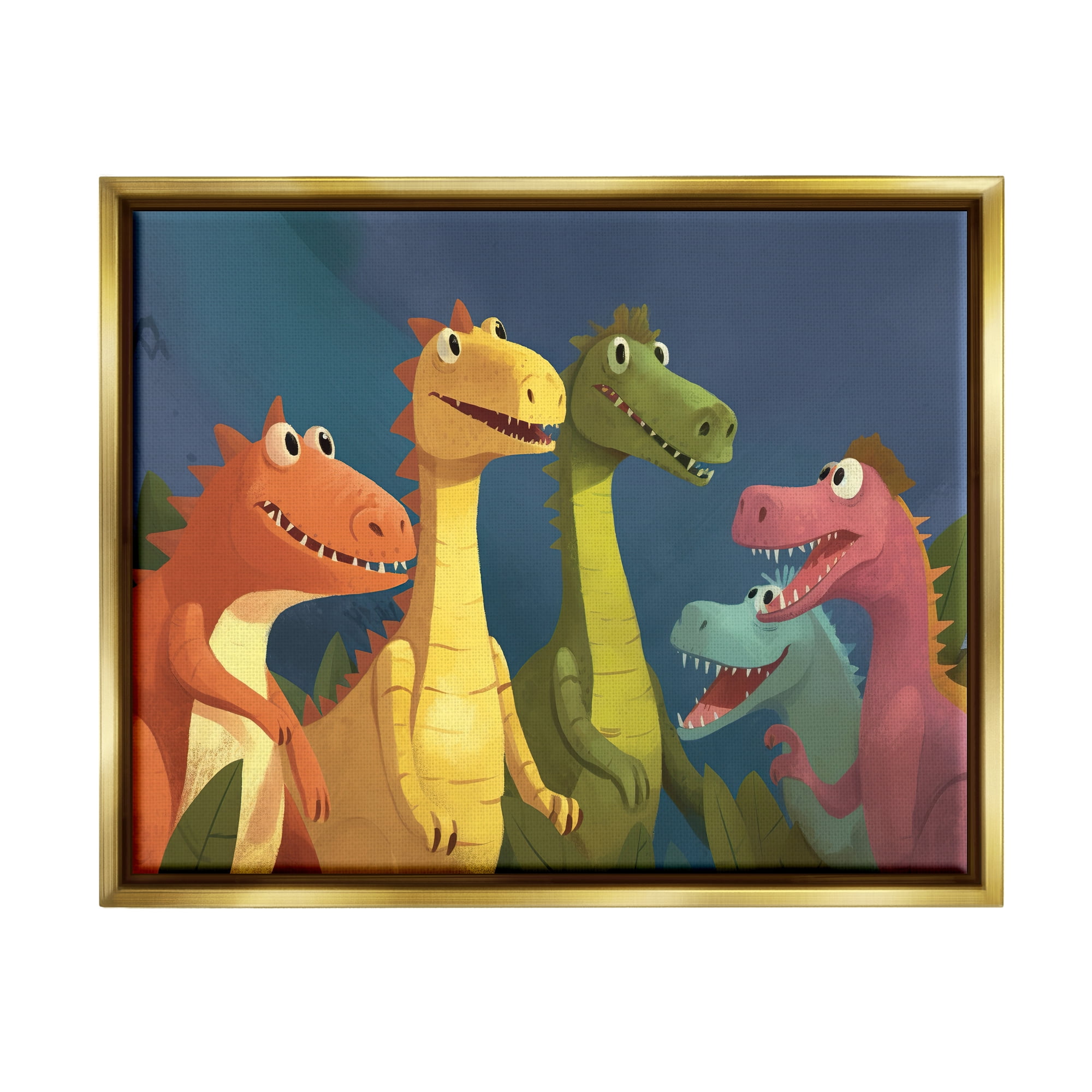Stupell Industries Happy Dinosaur Friends Animals & Insects Painting Gold Floater Framed Art Print Wall Art, 31 x 25
