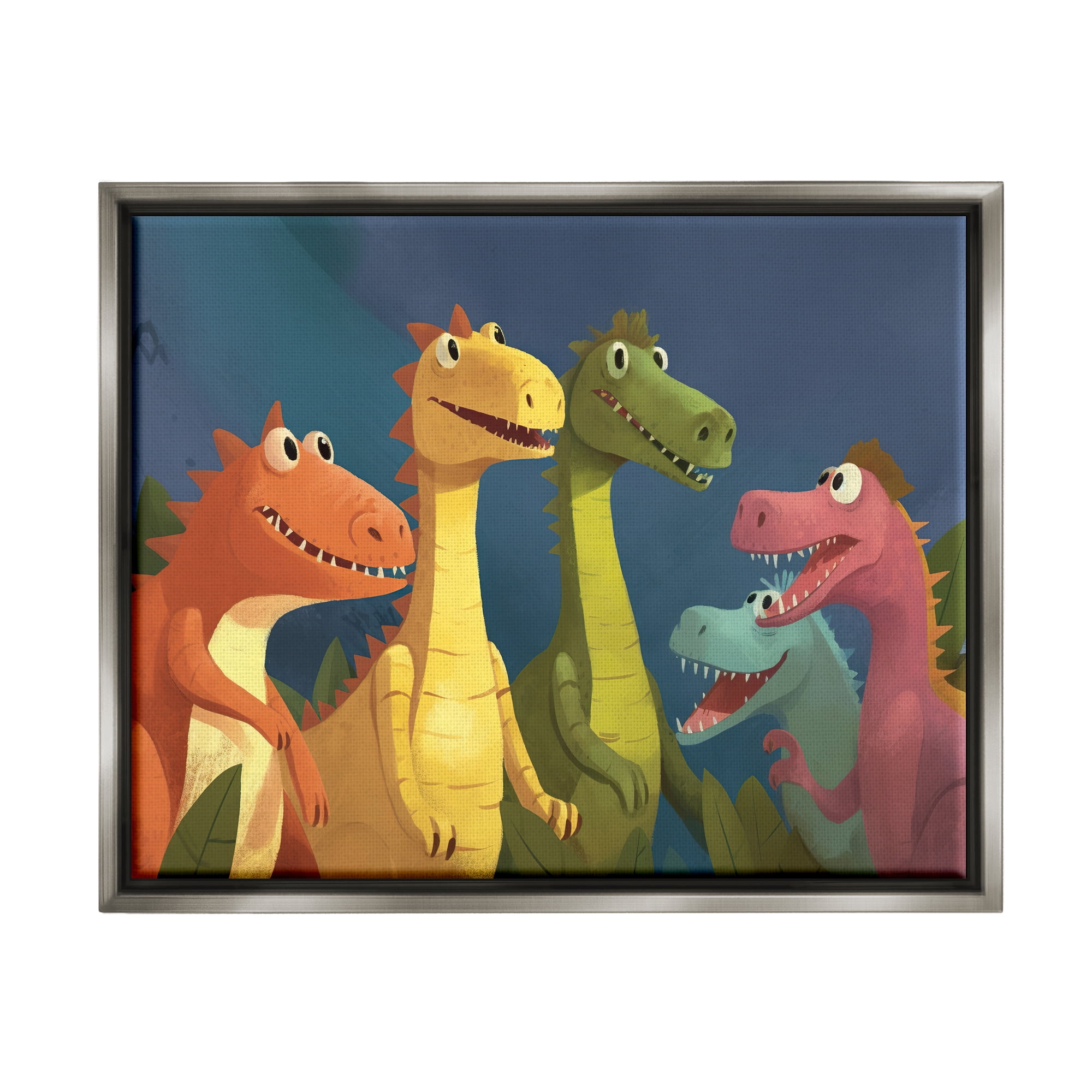 Stupell Industries Happy Dinosaur Friends Animals & Insects Painting Gray Floater Framed Art Print Wall Art, 21 x 17