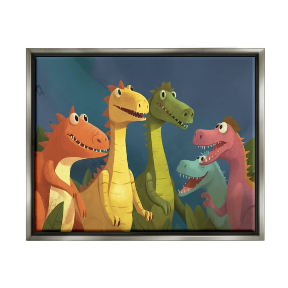 Stupell Industries Happy Dinosaur Friends Animals & Insects Painting Gray Floater Framed Art Print Wall Art, 31 x 25