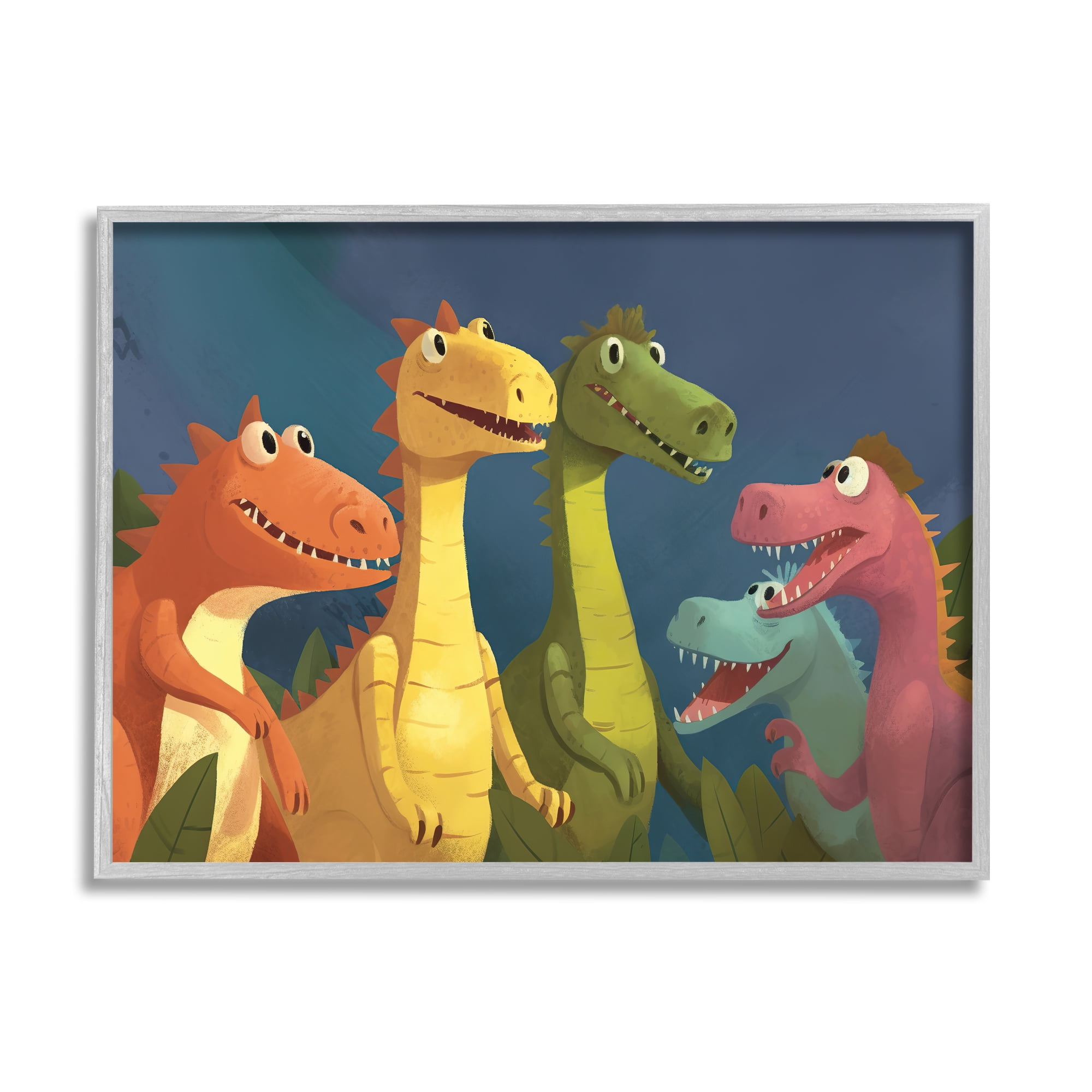 Stupell Industries Happy Dinosaur Friends Animals & Insects Painting Gray Framed Art Print Wall Art, 30 x 24