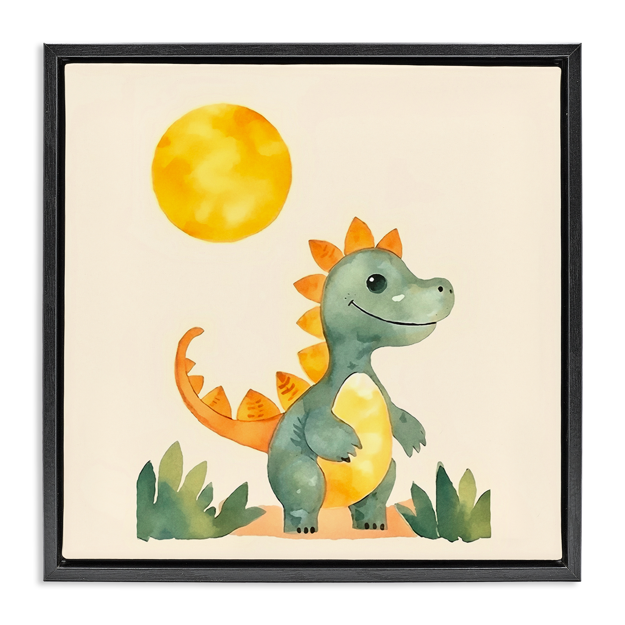 Stupell Industries Happy Dinosaur & Sun Animals Painting Black Floater Framed Canvas Art Print Wall Art, 25 x 25