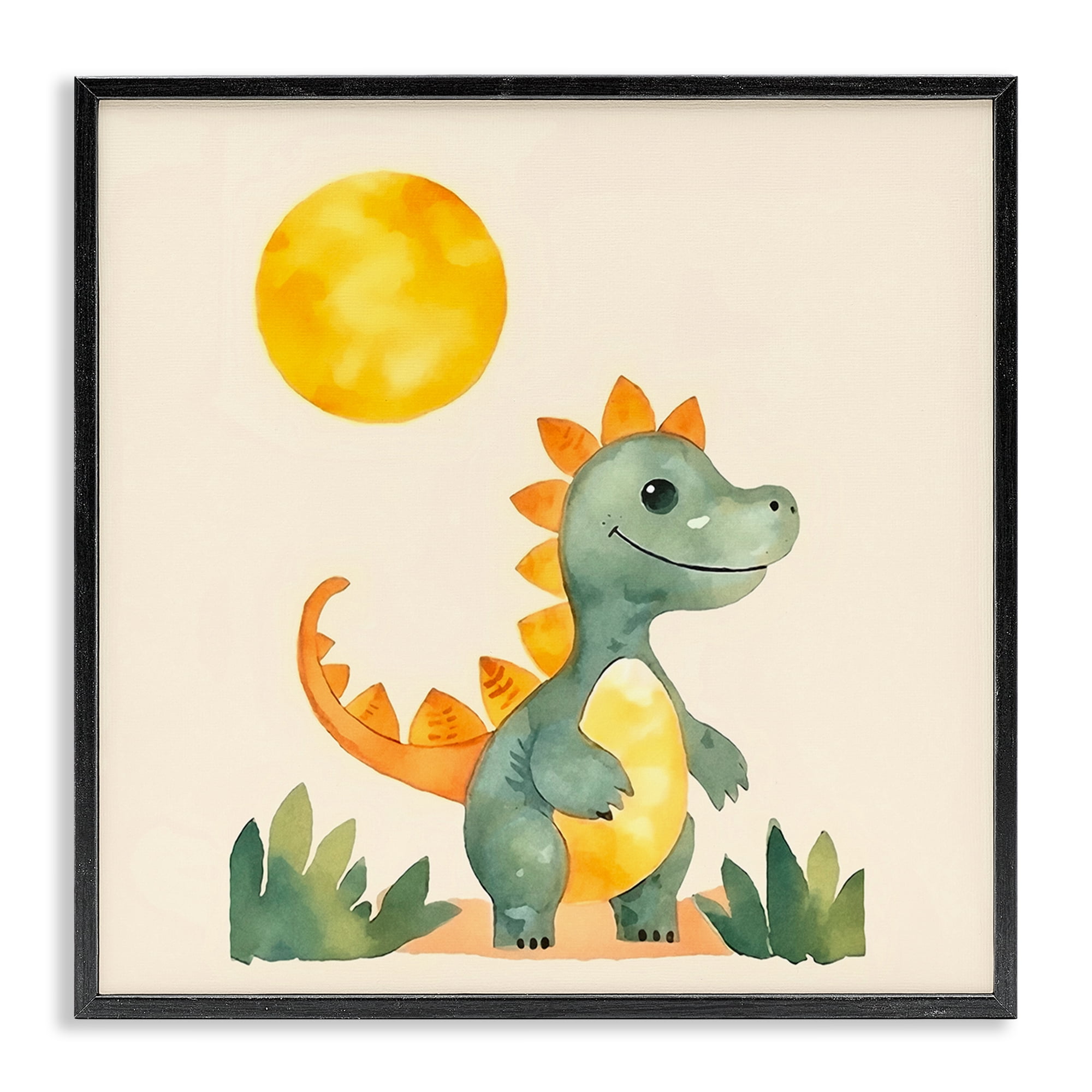 Stupell Industries Happy Dinosaur & Sun Animals Painting Black Framed Art Print Wall Art, 24 x 24